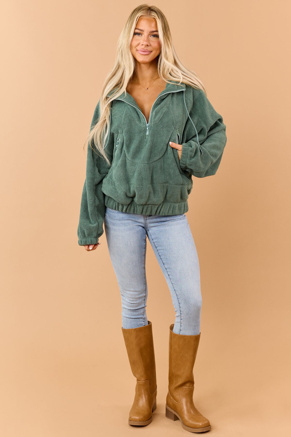 Juniper Green Half Zip Hooded Soft Fleece Jacket