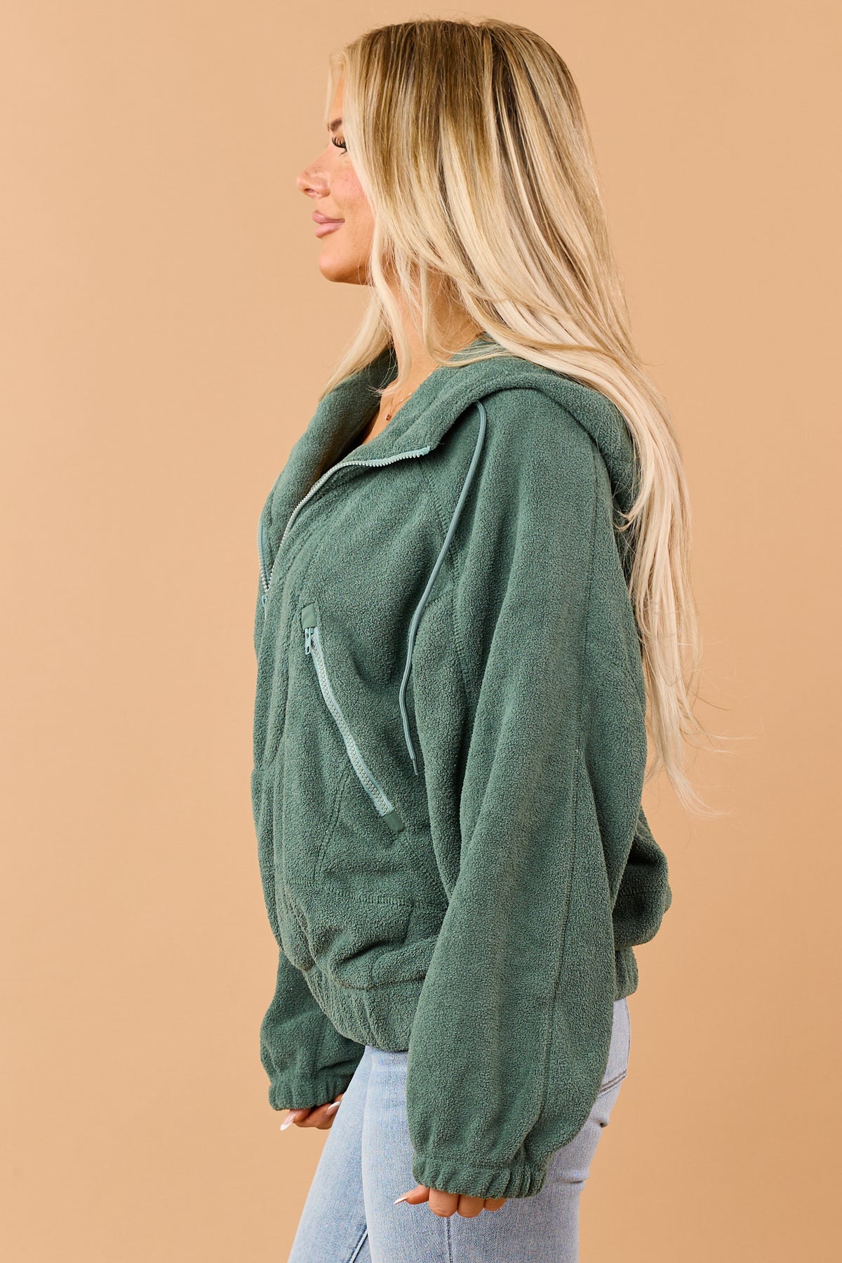 Juniper Green Half Zip Hooded Soft Fleece Jacket