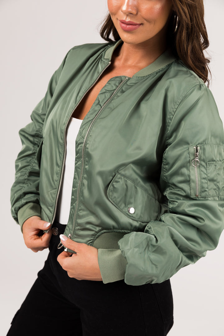 Juniper Long Sleeve Zip Up Cropped Bomber Jacket