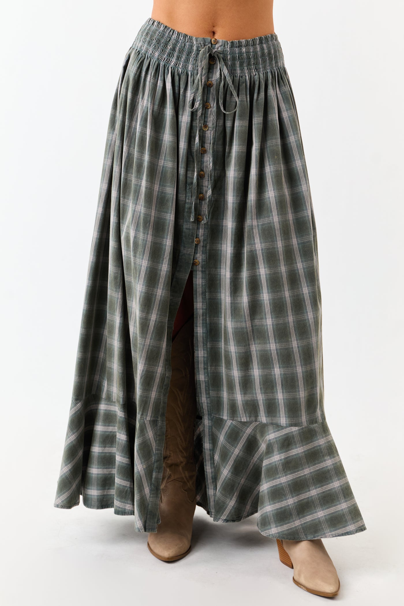 Juniper Plaid Flannel Button Front Cotton Maxi Skirt