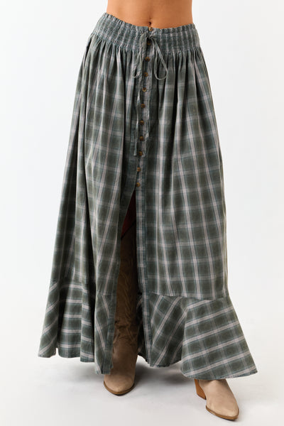 Juniper Plaid Flannel Button Front Cotton Maxi Skirt