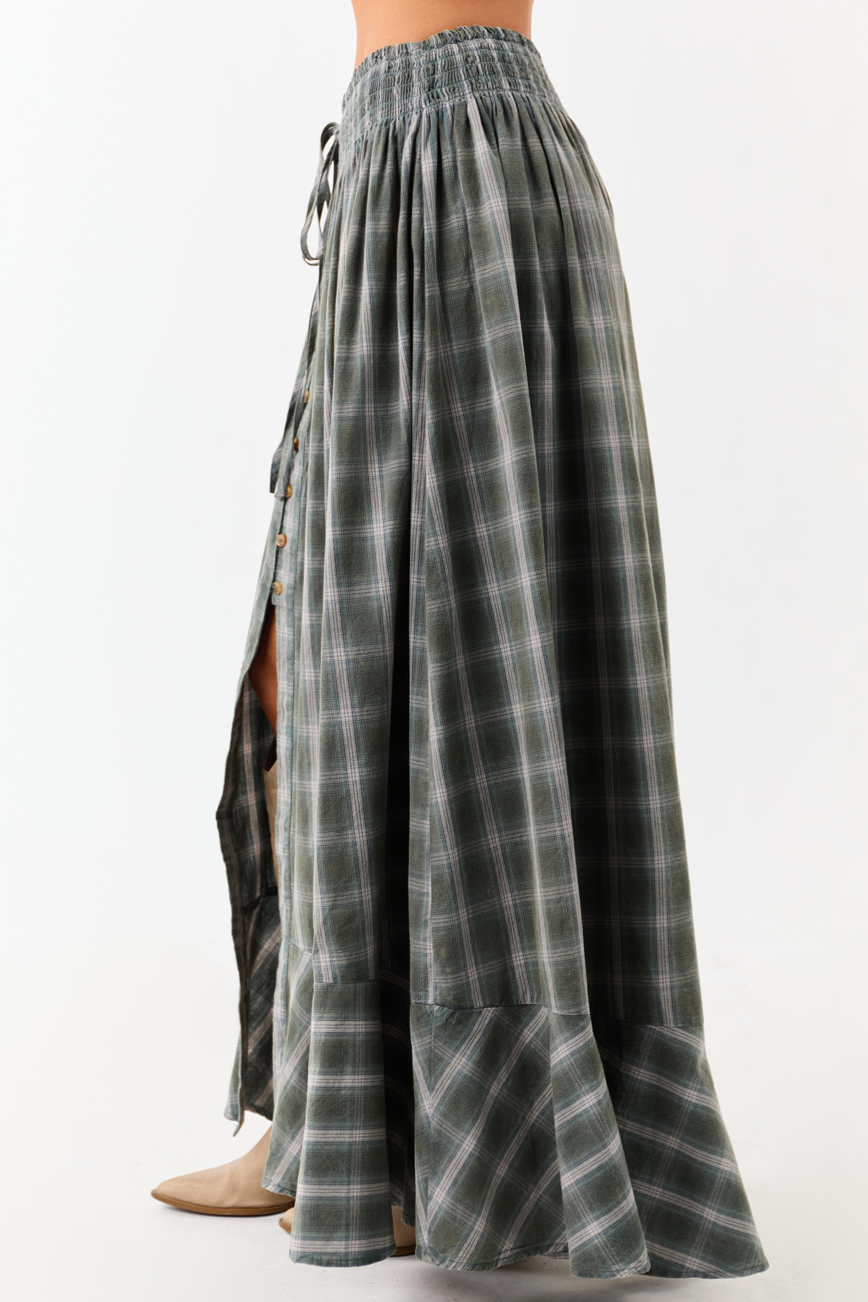 Juniper Plaid Flannel Button Front Cotton Maxi Skirt