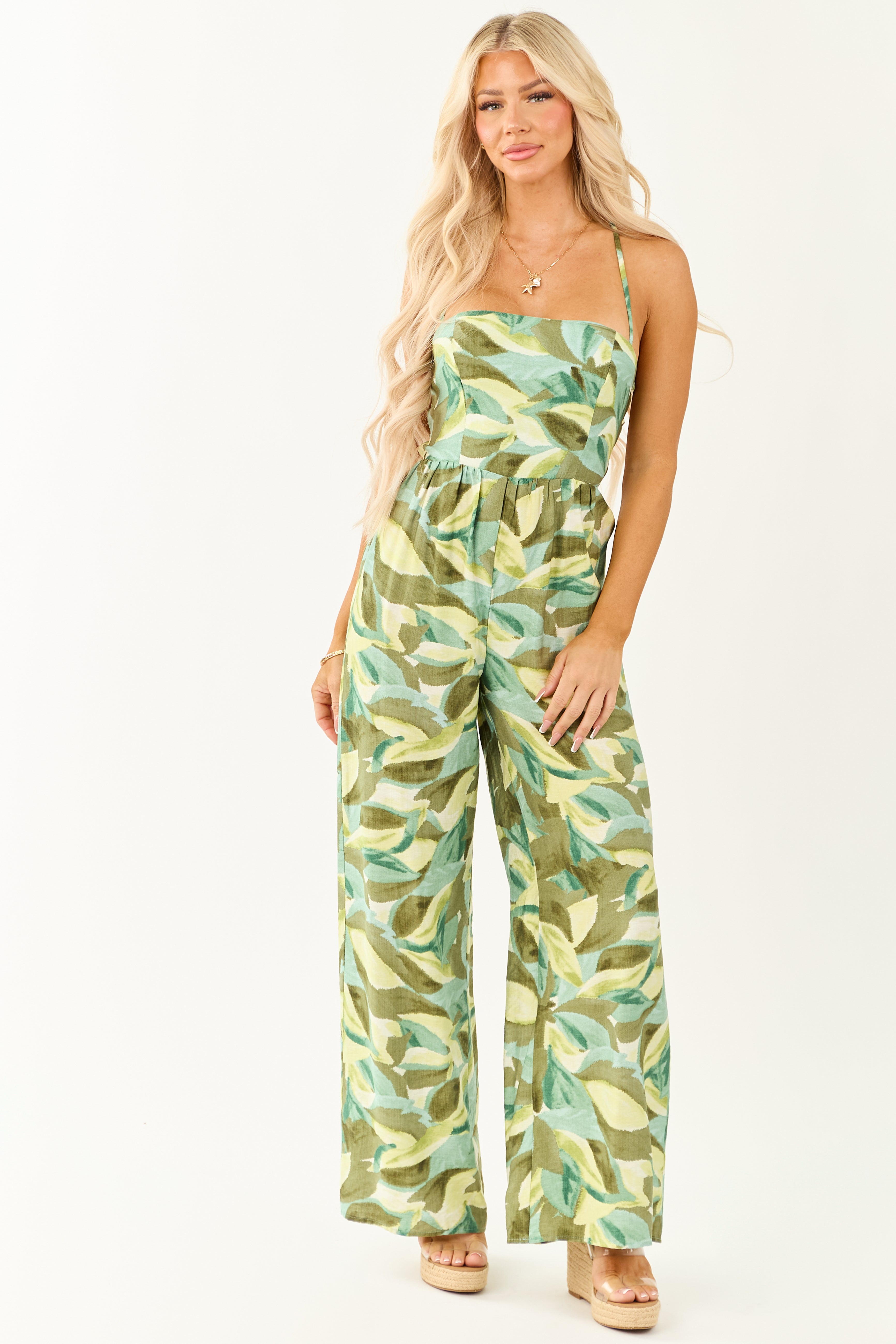 Juniper Tropical Print Wide Leg Lace Up Back Jumpsuit | Lime Lush