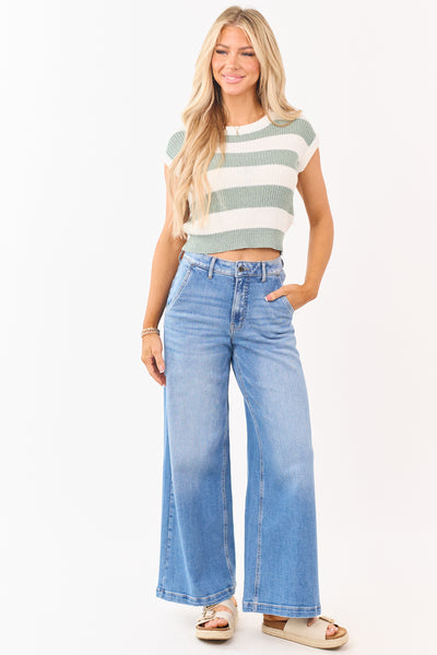 Juniper and Cream Striped Short Sleeve Sweater Top