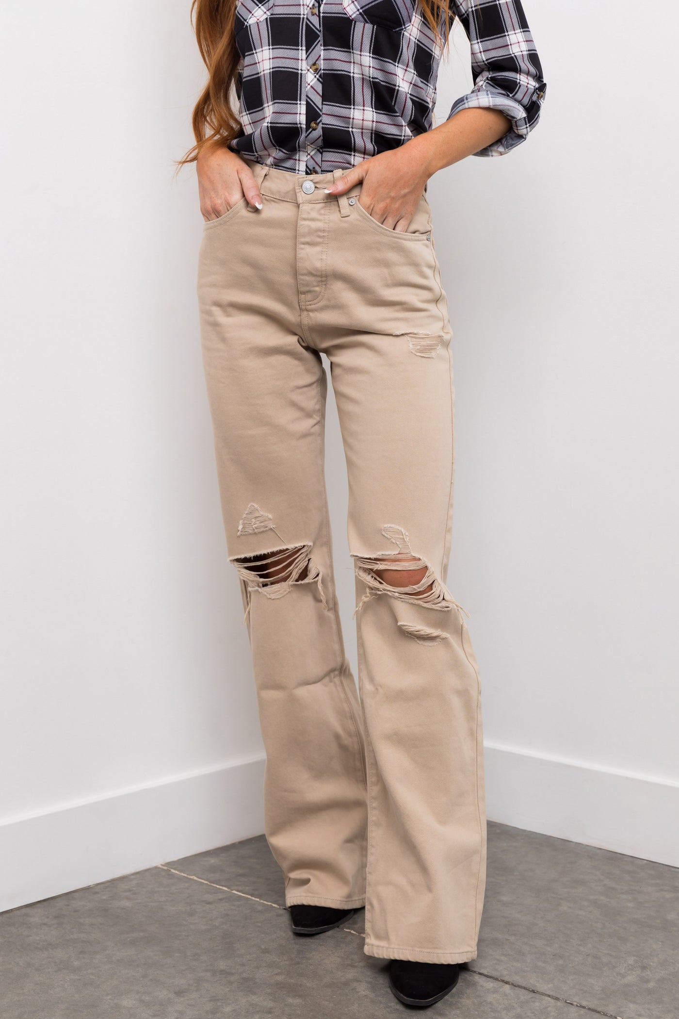 KanCan Beige High Rise Distressed 90's Flare Jeans