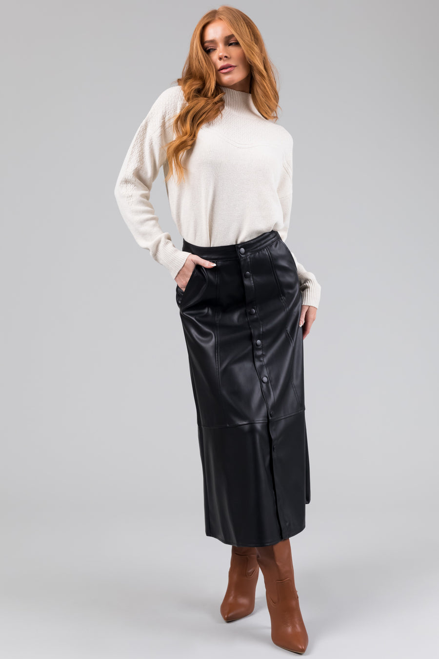 KanCan Black Button Down Faux Leather Midi Skirt
