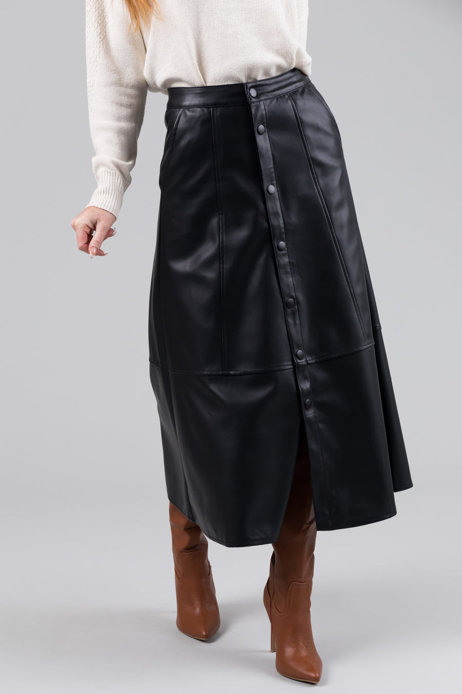 KanCan Black Button Down Faux Leather Midi Skirt