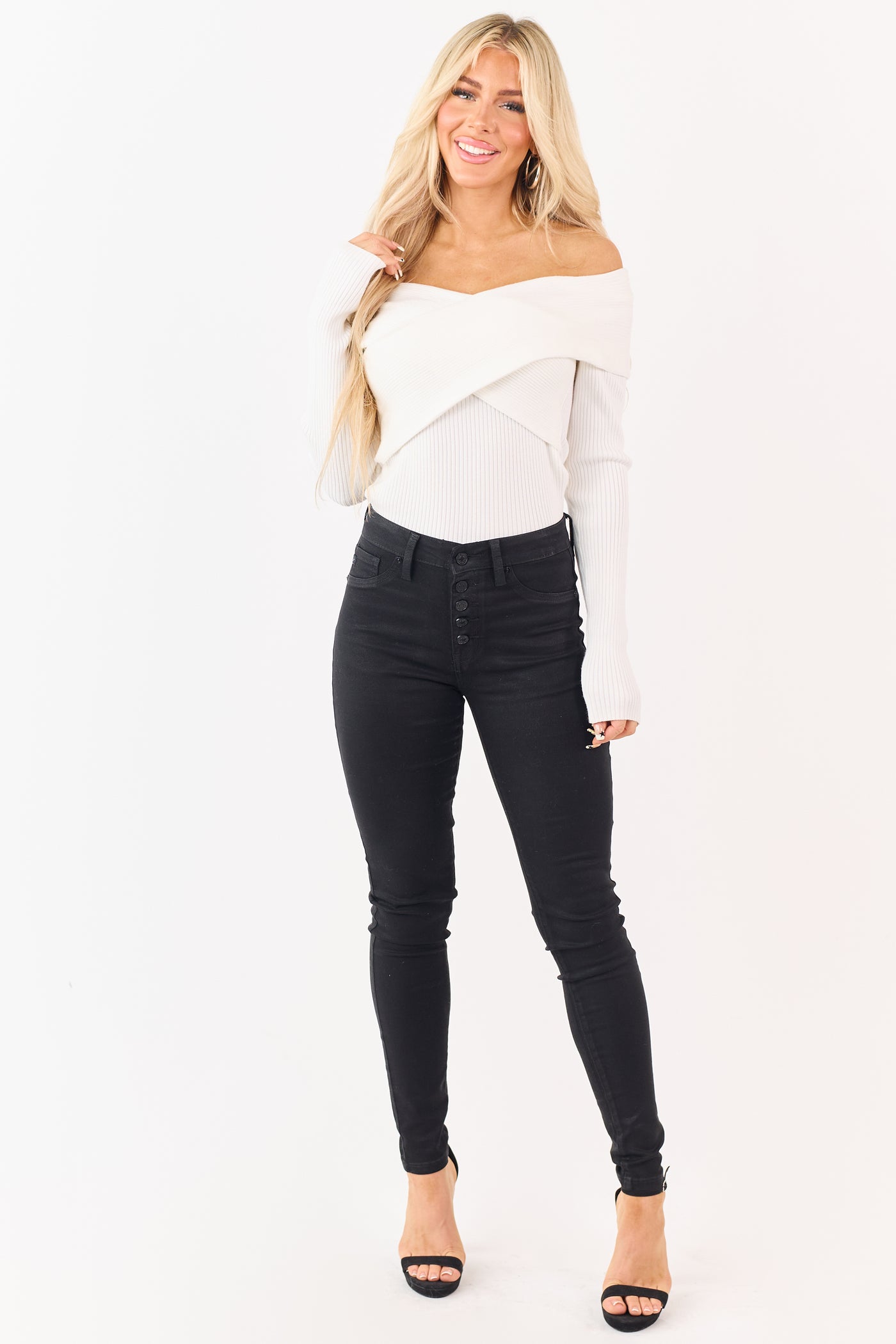 KanCan Black Button Fly Stretchy Coated Skinny Jeans