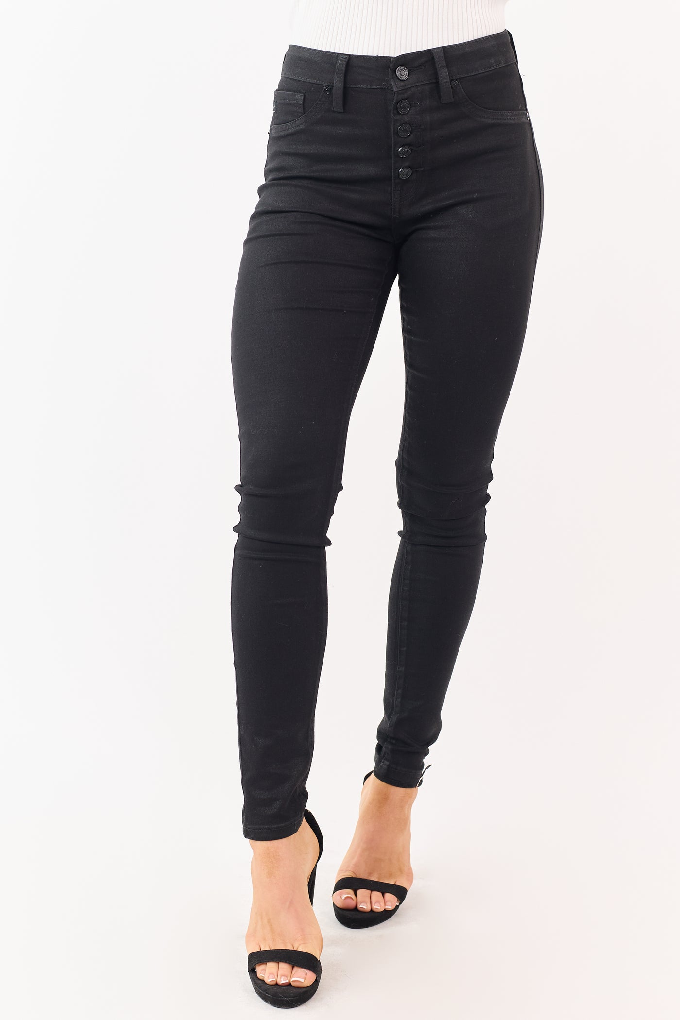 KanCan Black Button Fly Stretchy Coated Skinny Jeans