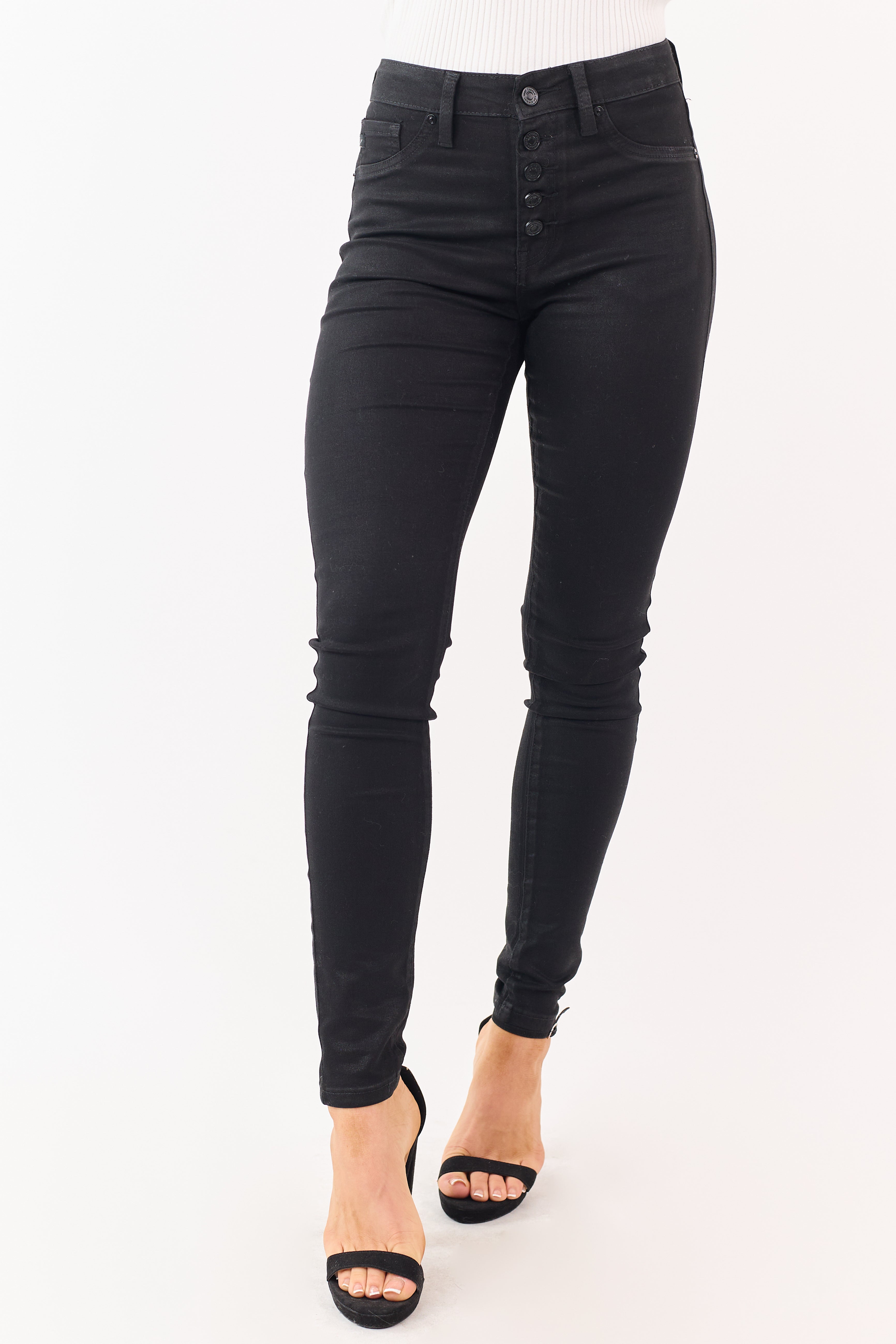 KanCan Black Button Fly Stretchy Coated Skinny Jeans