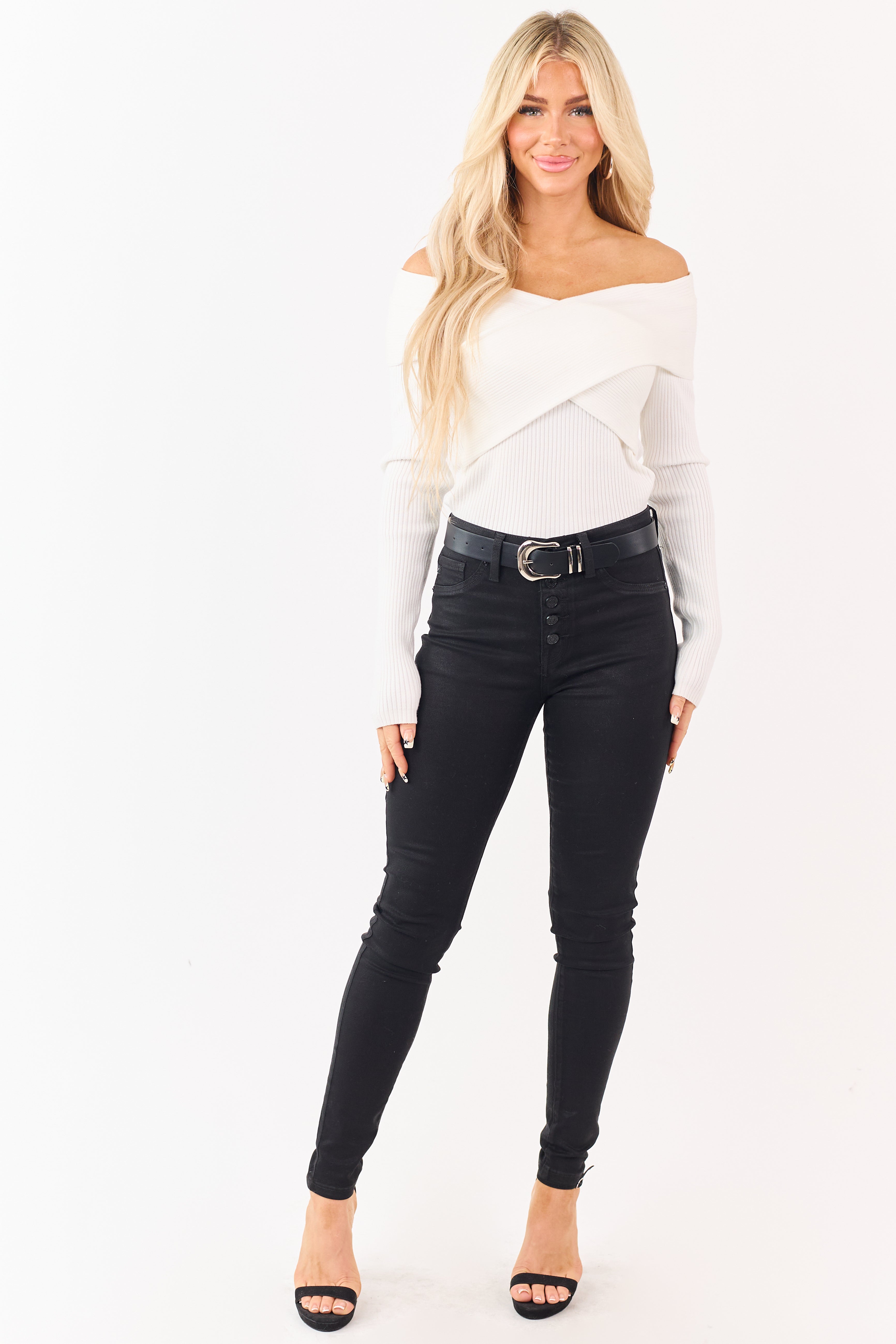 パンツ archiveblackcoatingdenim skinny KanCan Black Button Fly Stretchy Coated Skinny Jeans | Lime Lush