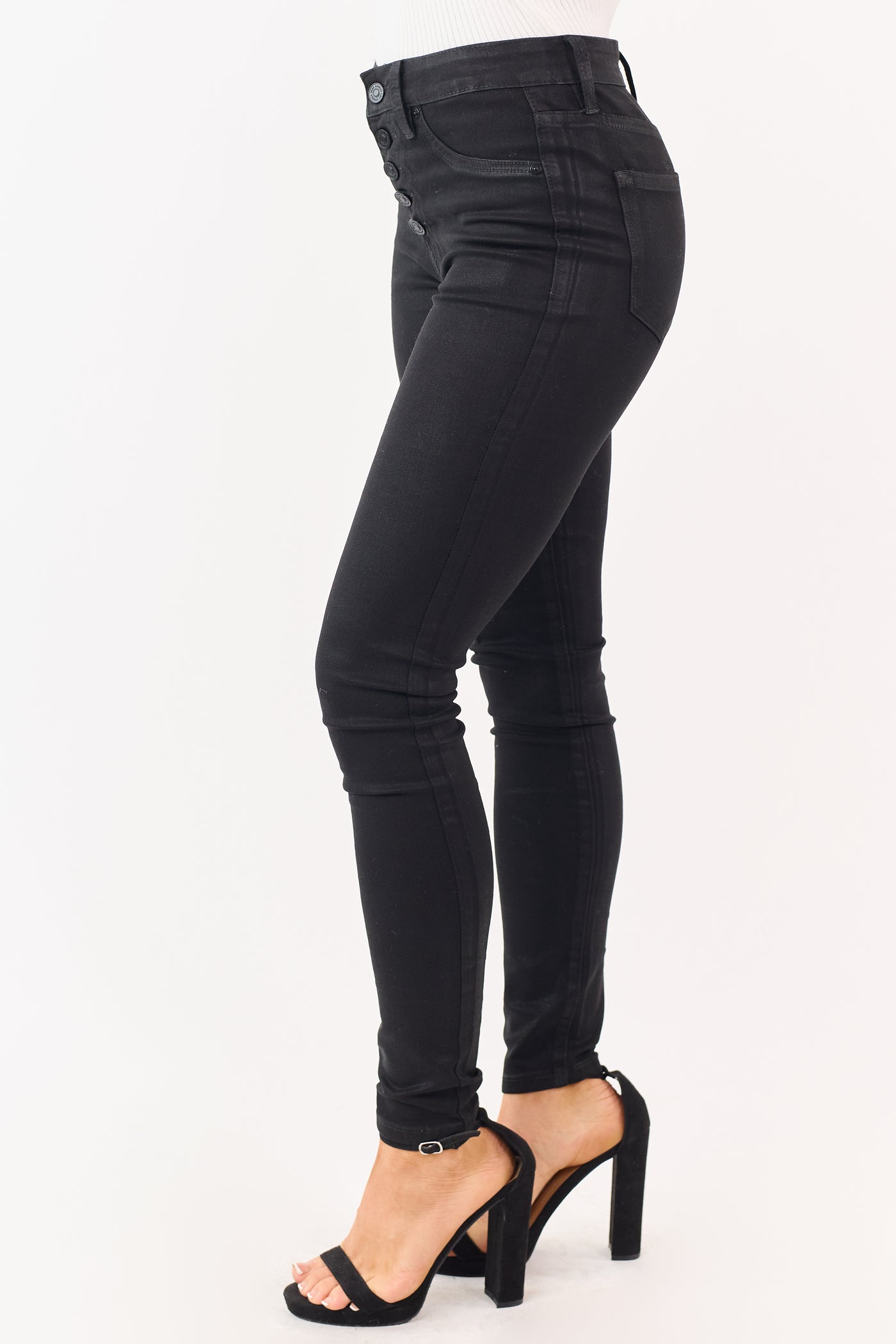 KanCan Black Button Fly Stretchy Coated Skinny Jeans