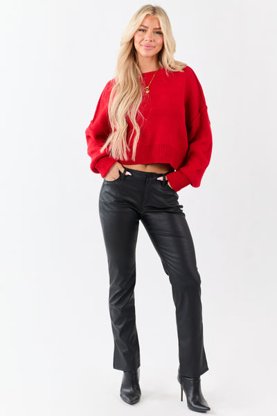 KanCan Black Faux Leather Ankle Slit Bootcut Pants