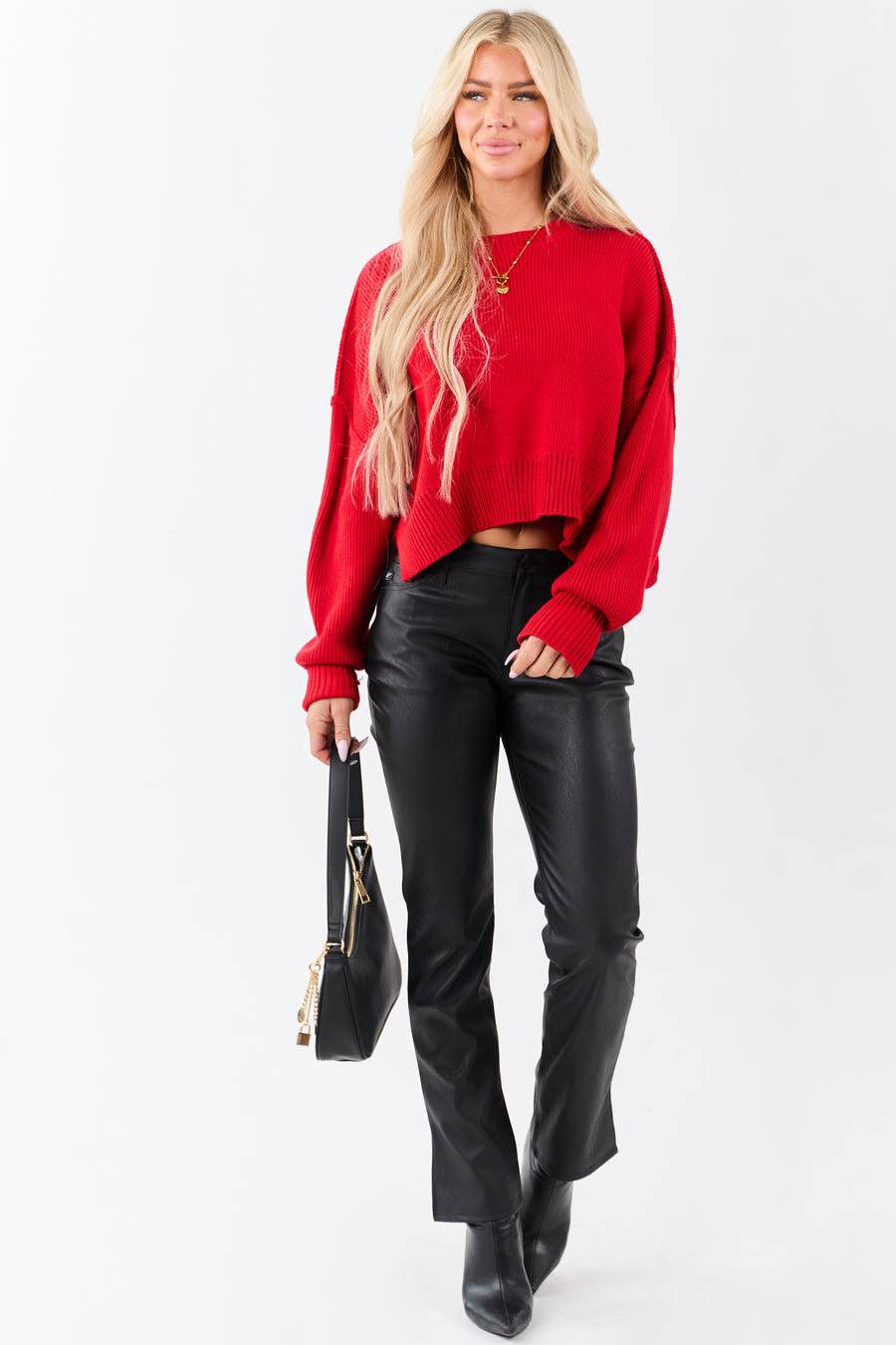 KanCan Black Faux Leather Ankle Slit Bootcut Pants