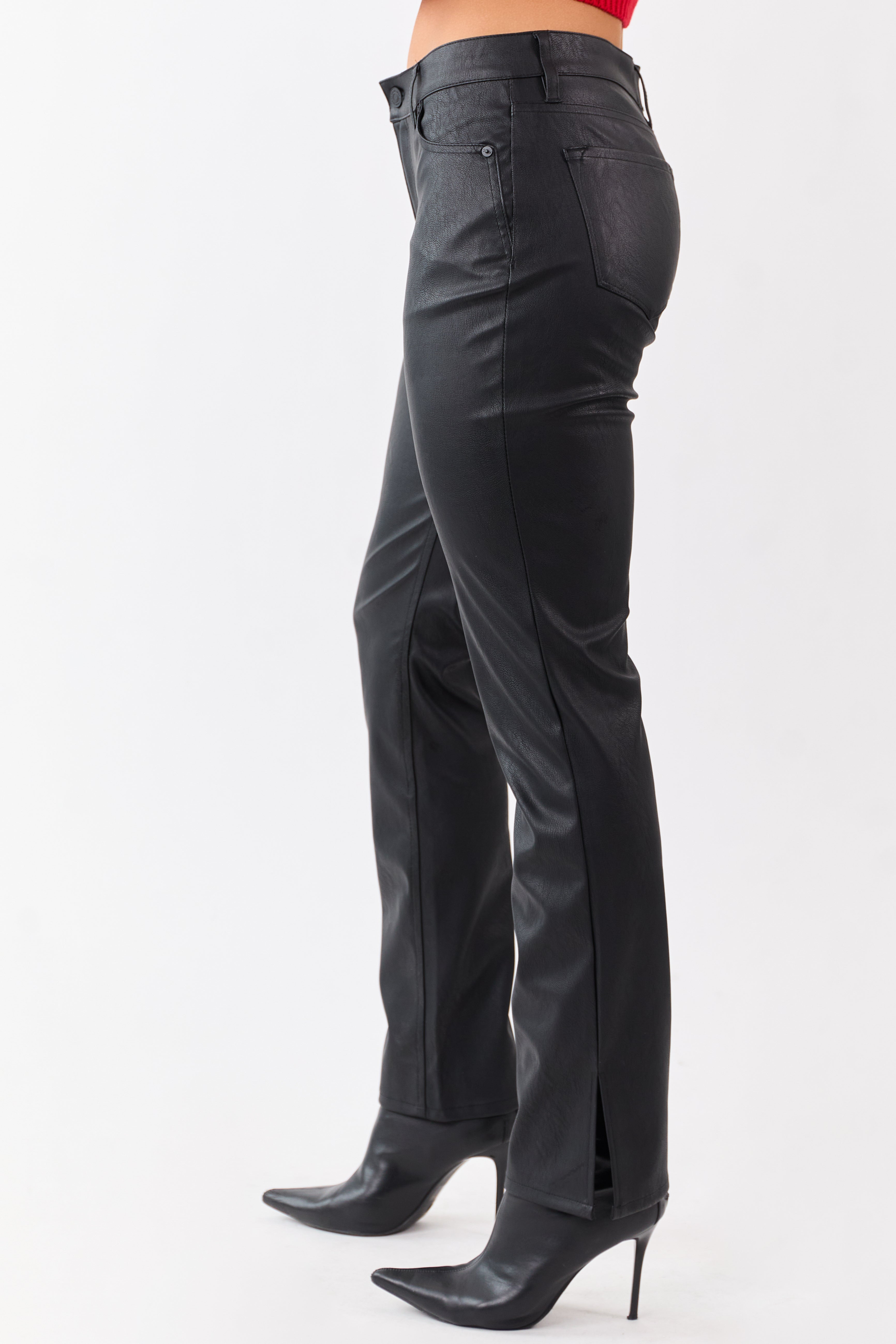 KanCan Black Faux Leather Ankle Slit Bootcut Pants | Lime Lush