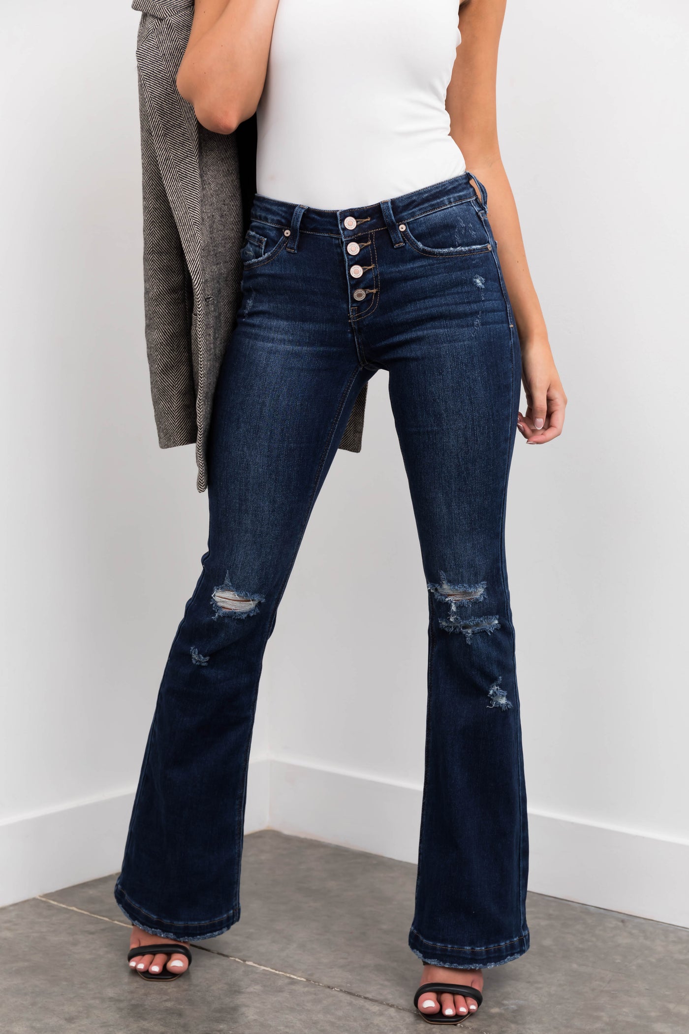 KanCan Dark Mid Rise Flare Jeans with Destroyed Knees