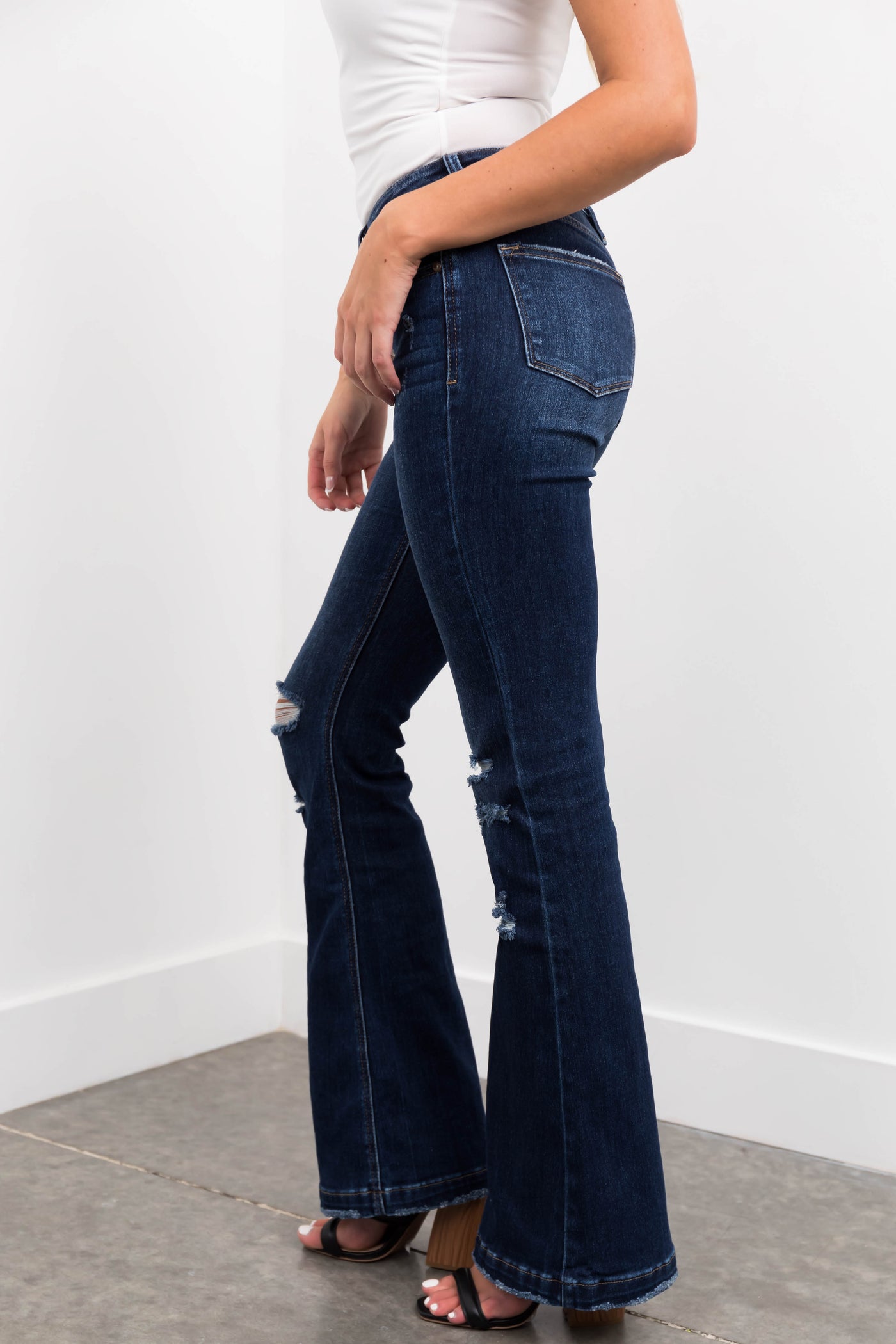 KanCan Dark Mid Rise Flare Jeans with Destroyed Knees