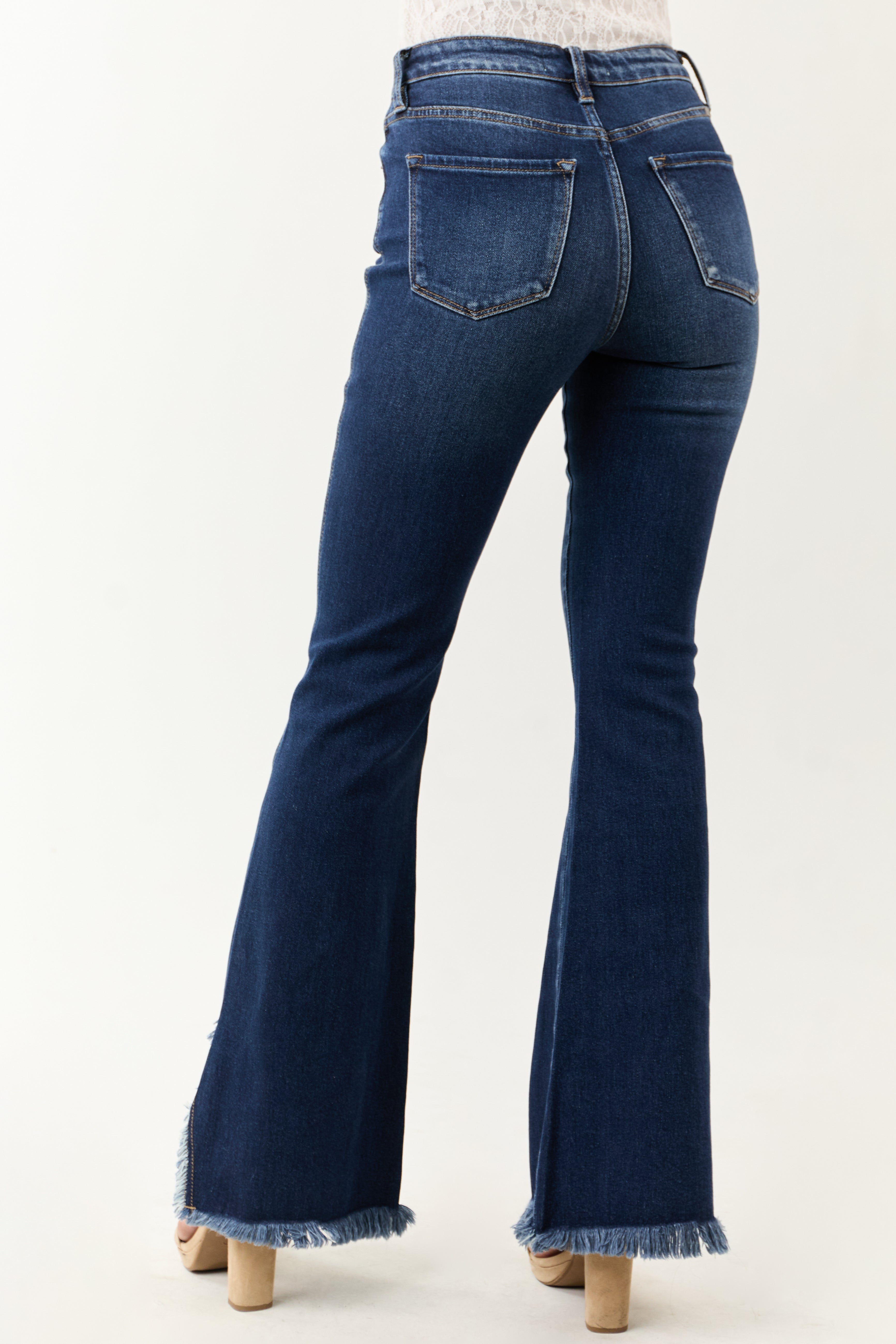 KanCan Dark Wash Frayed Hem Stretchy Bootcut Jeans | Lime Lush