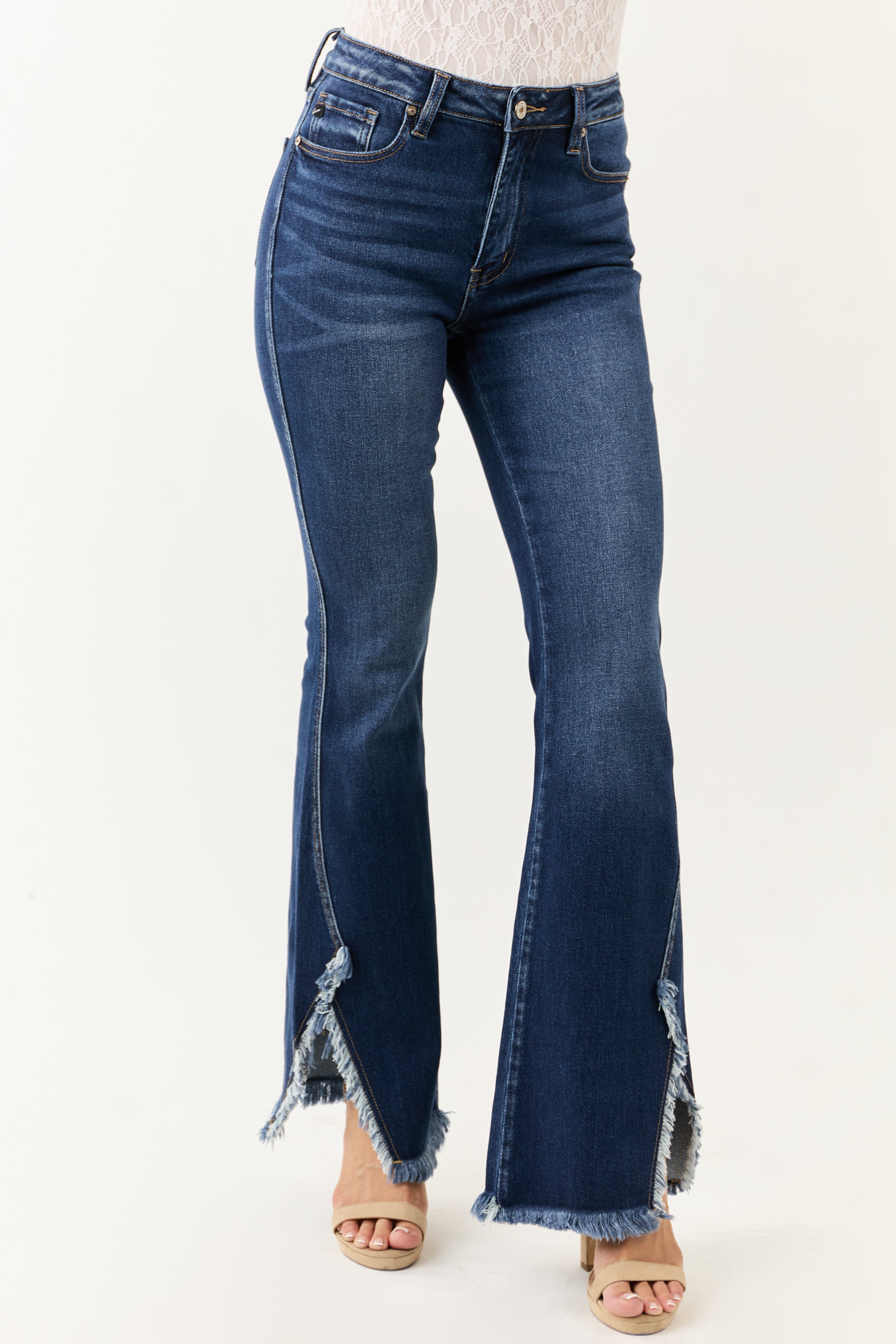 KanCan Dark Wash Frayed Hem Stretchy Bootcut Jeans | Lime Lush