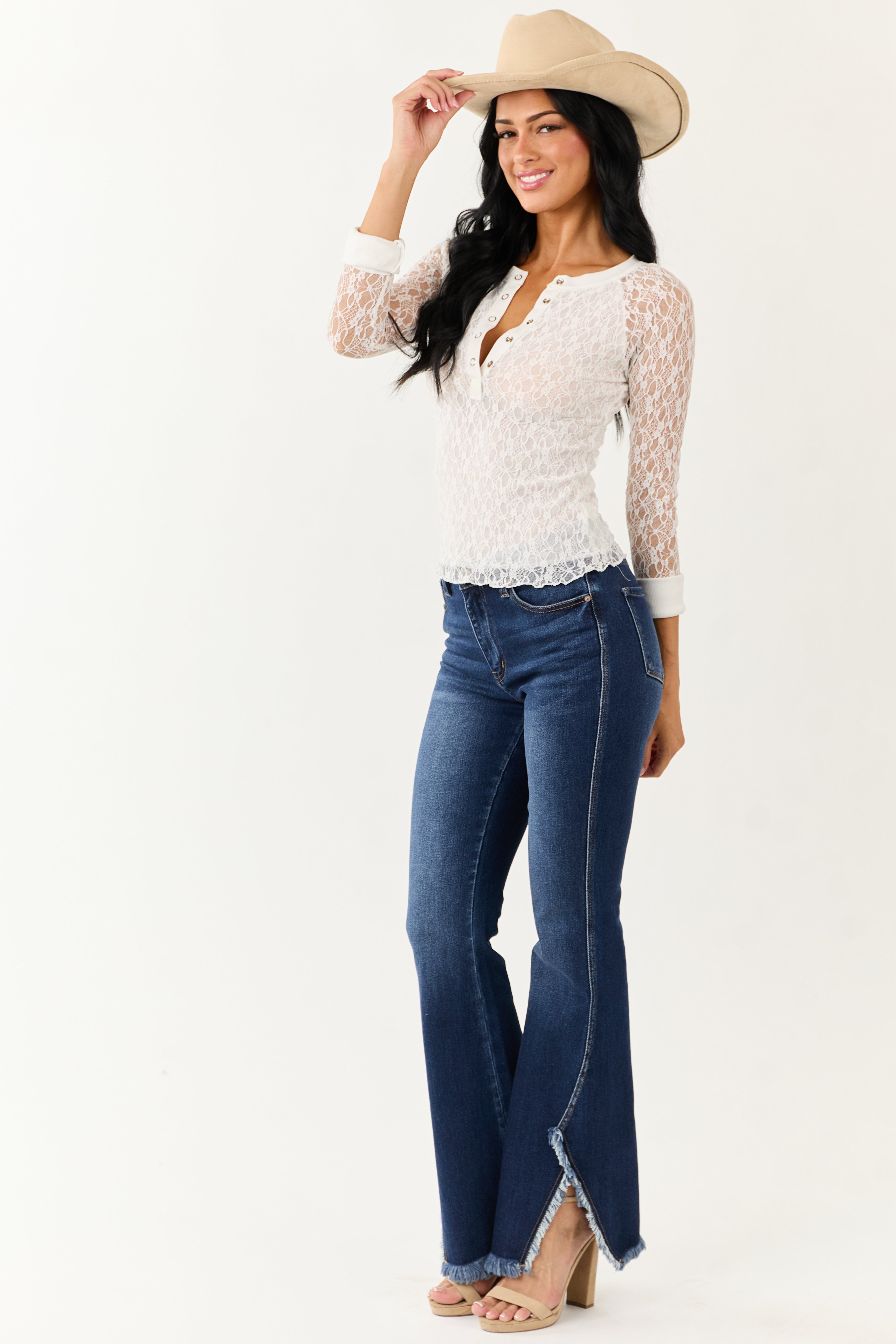 KanCan Dark Wash Frayed Hem Stretchy Bootcut Jeans | Lime Lush