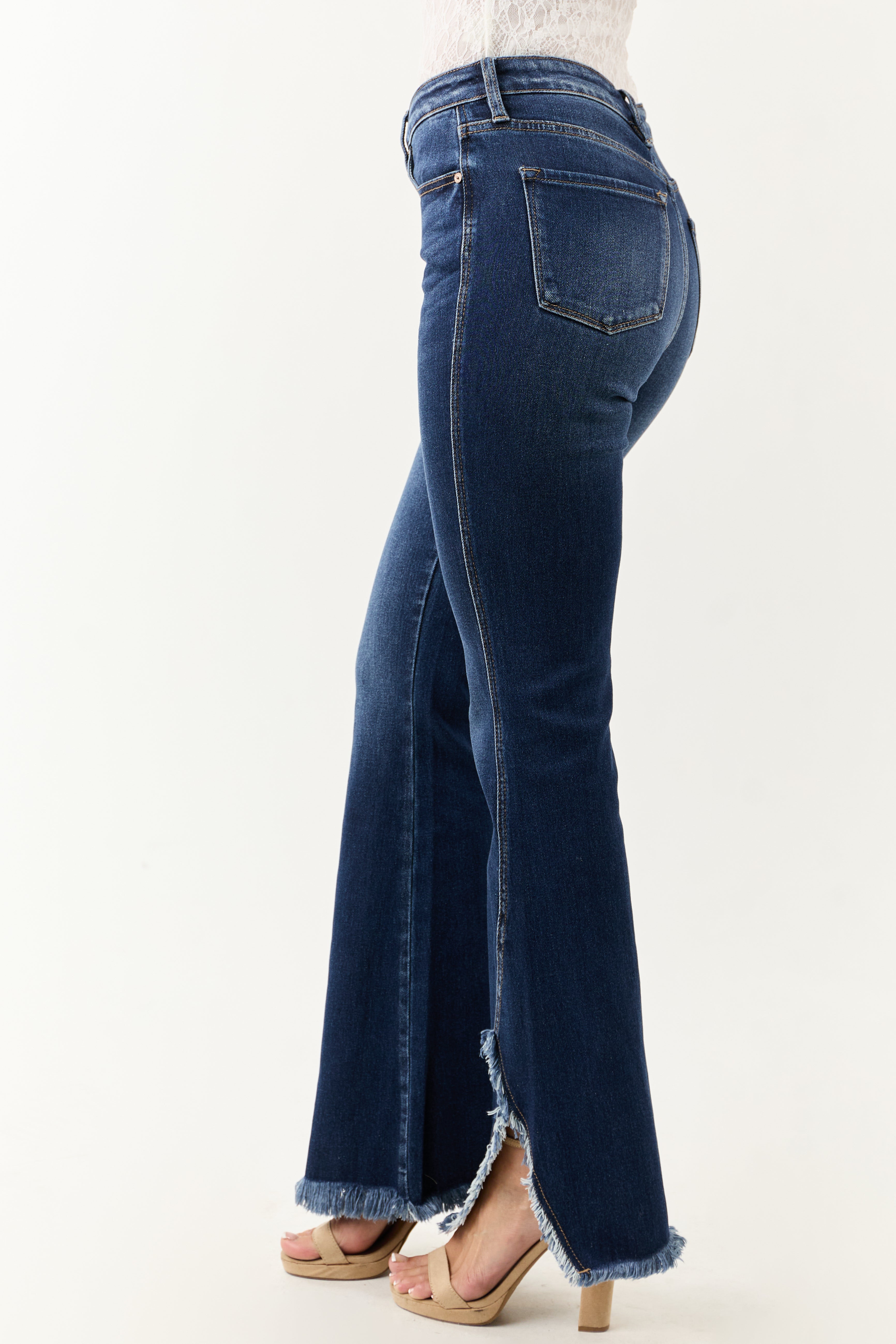 KanCan Dark Wash Frayed Hem Stretchy Bootcut Jeans