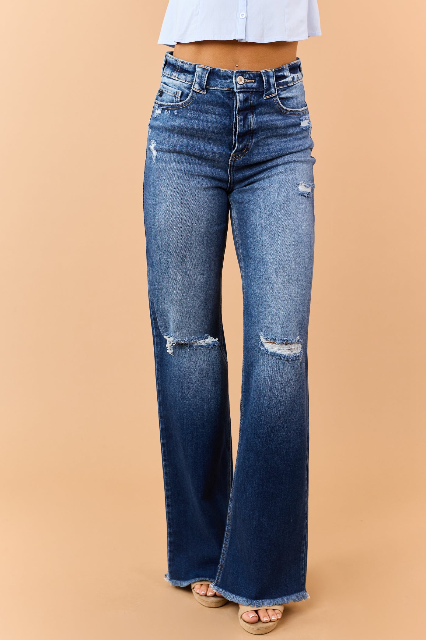 KanCan Dark Wash Stretchy Distressed Wide Flare Jeans