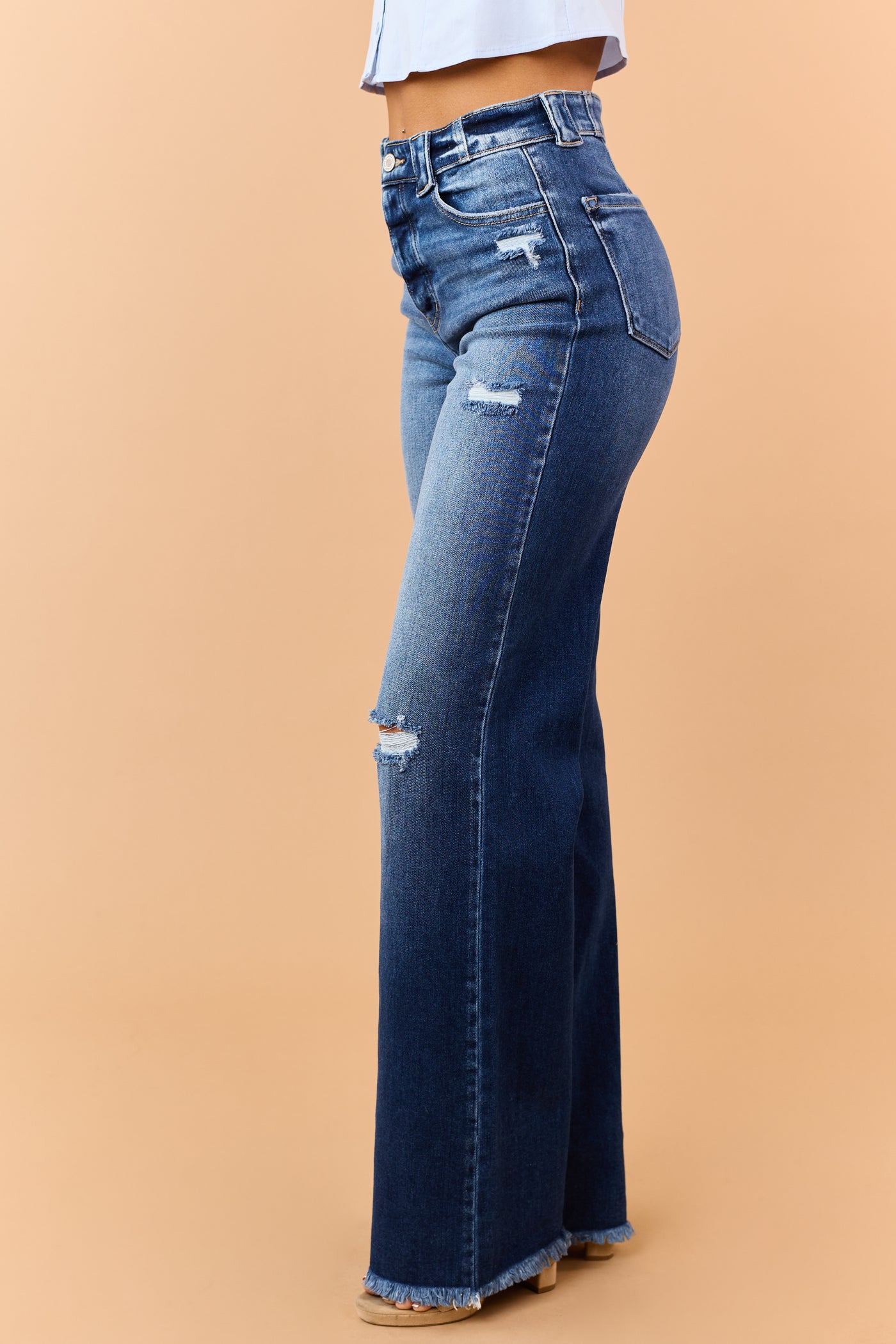 KanCan Dark Wash Stretchy Distressed Wide Flare Jeans