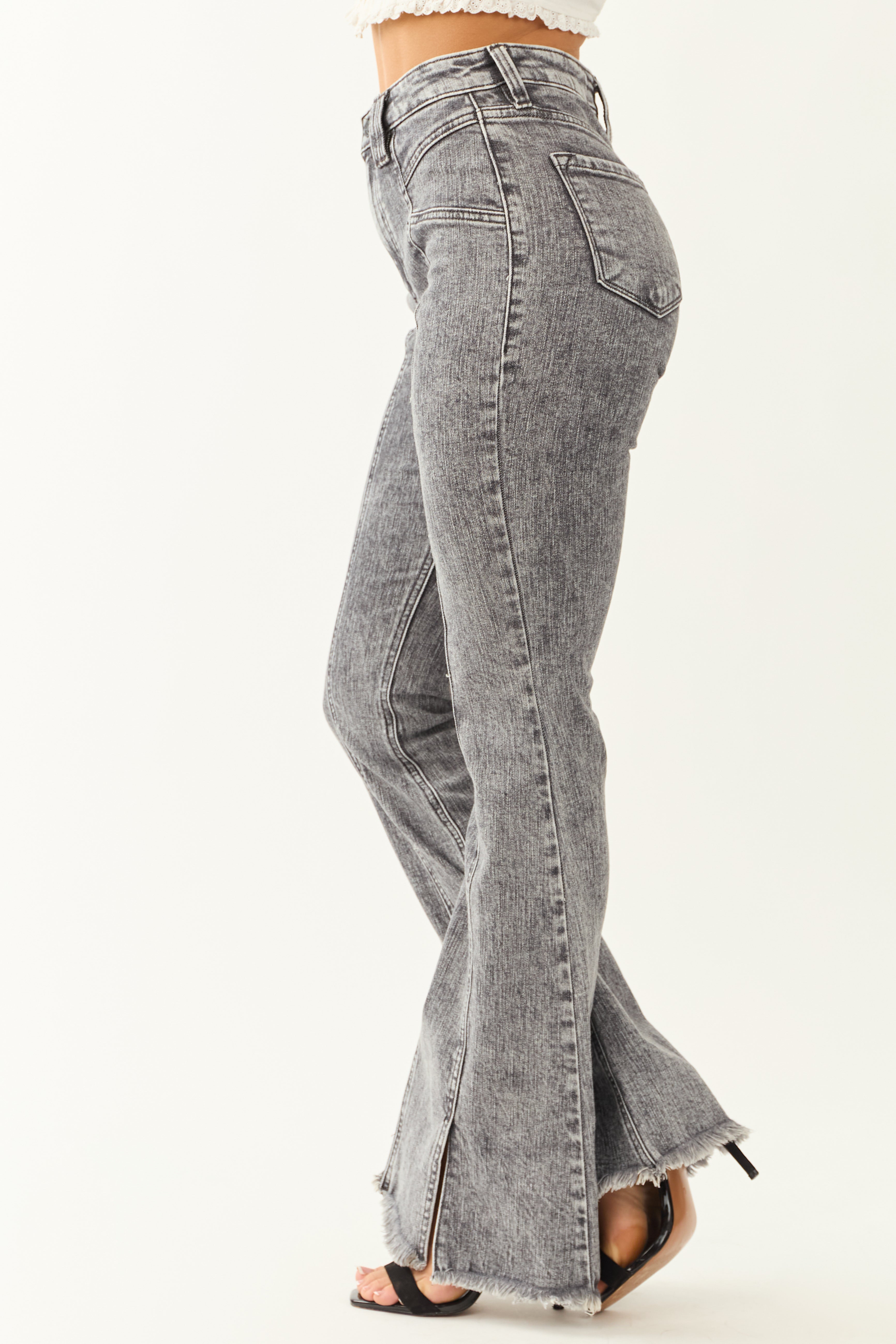 00s 5351 waxed gray flare denim Y2K 光沢 KanCan Graphite Wash Stretchy Front Seam Flare Jeans | Lime Lush