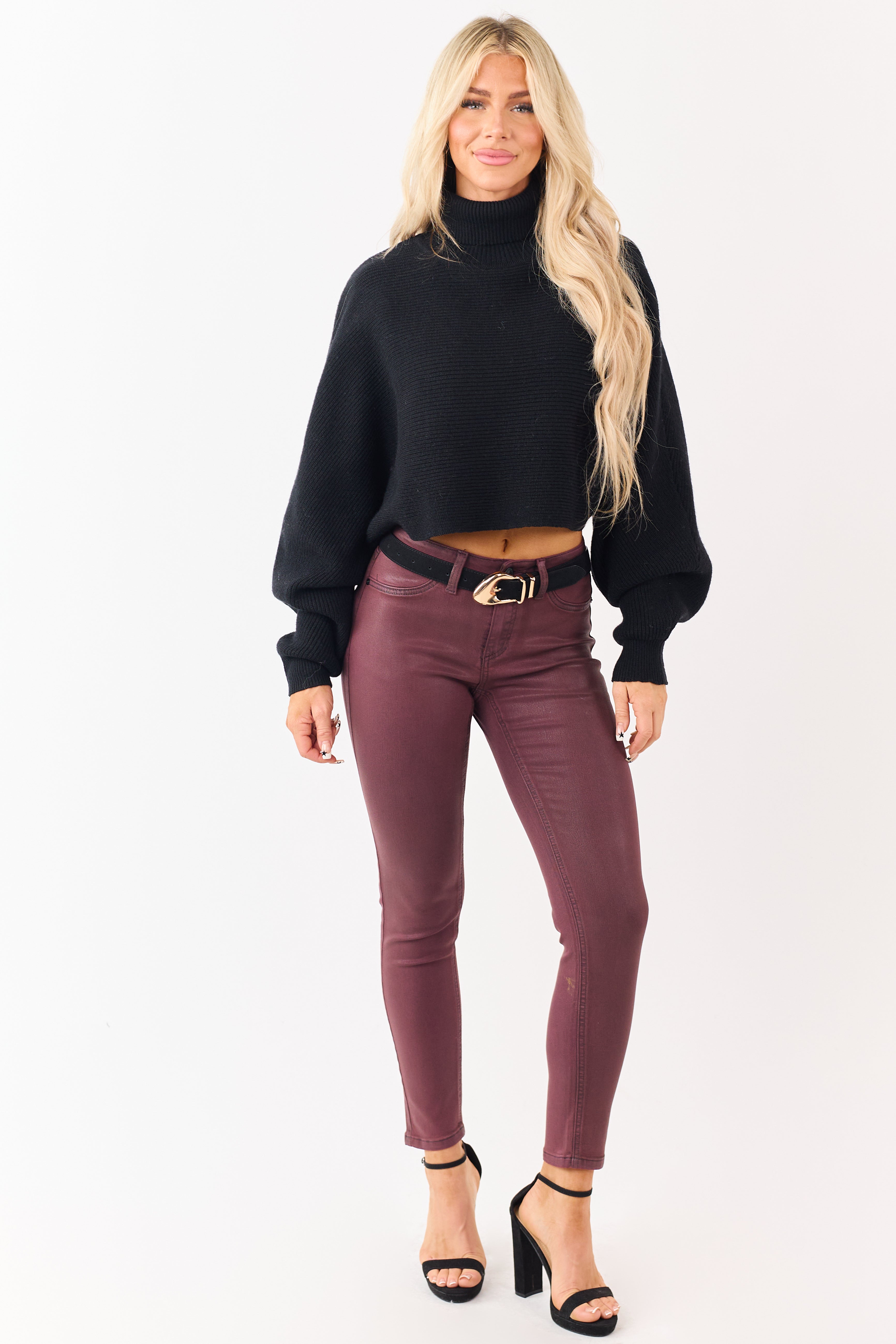 KanCan Mahogany Mid Rise Coated Stretchy Skinny Jeans