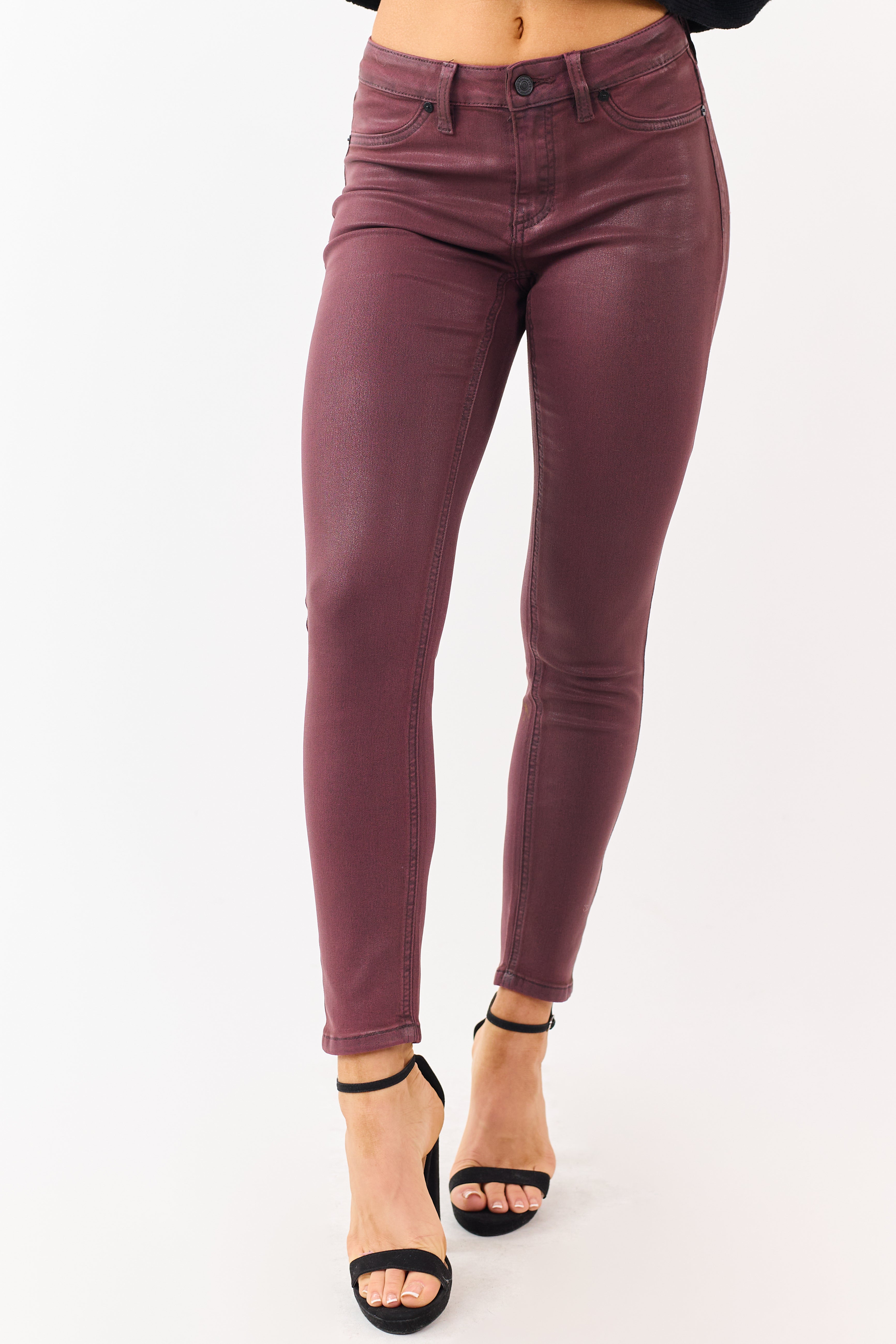 KanCan Mahogany Mid Rise Coated Stretchy Skinny Jeans