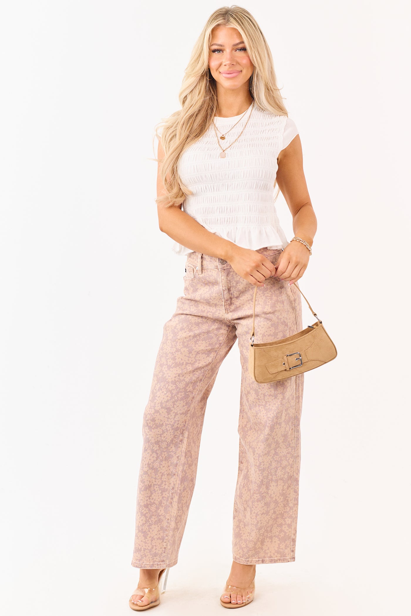 KanCan Mauve Floral Print Wide Leg Stretch Jeans