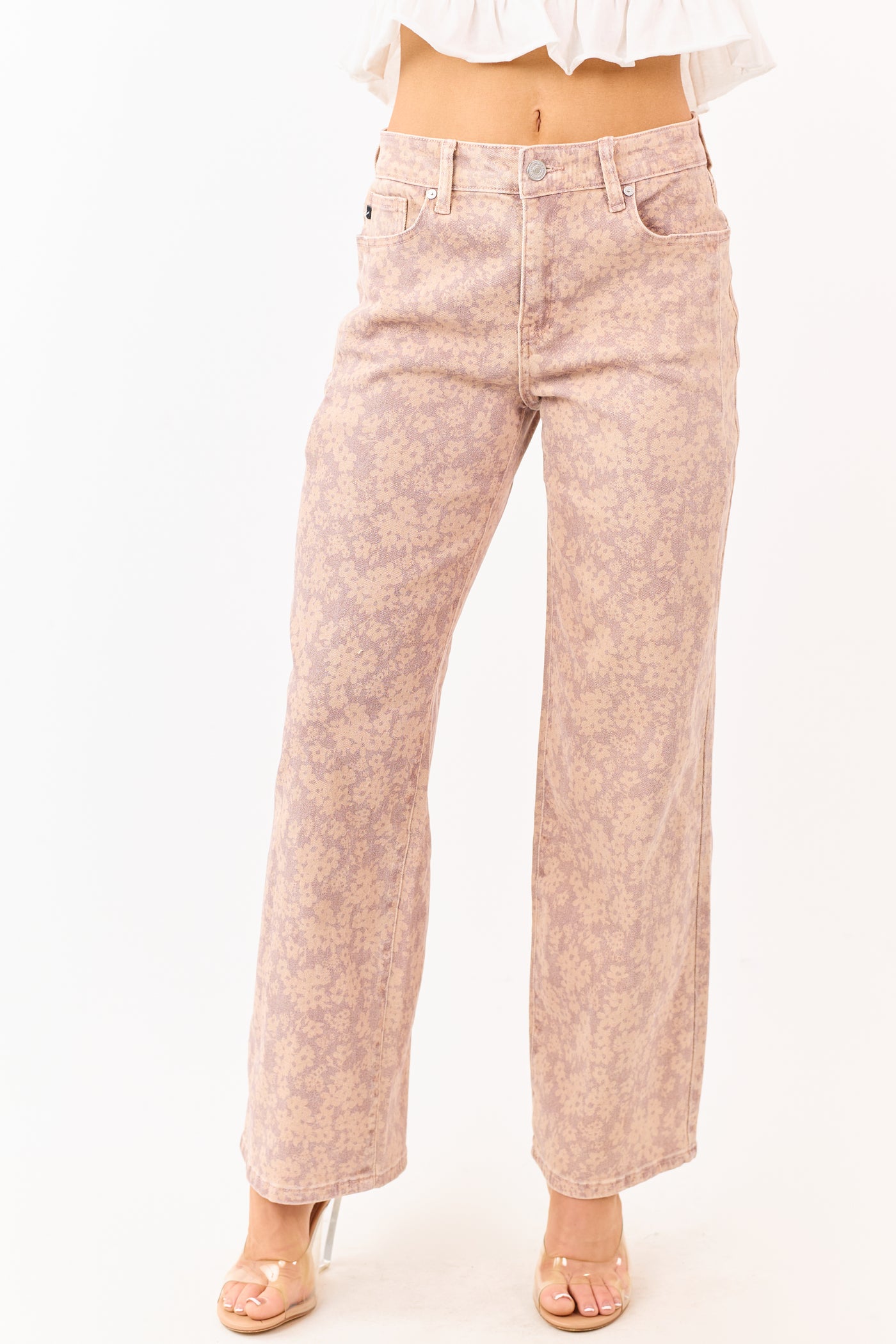 KanCan Mauve Floral Print Wide Leg Stretch Jeans