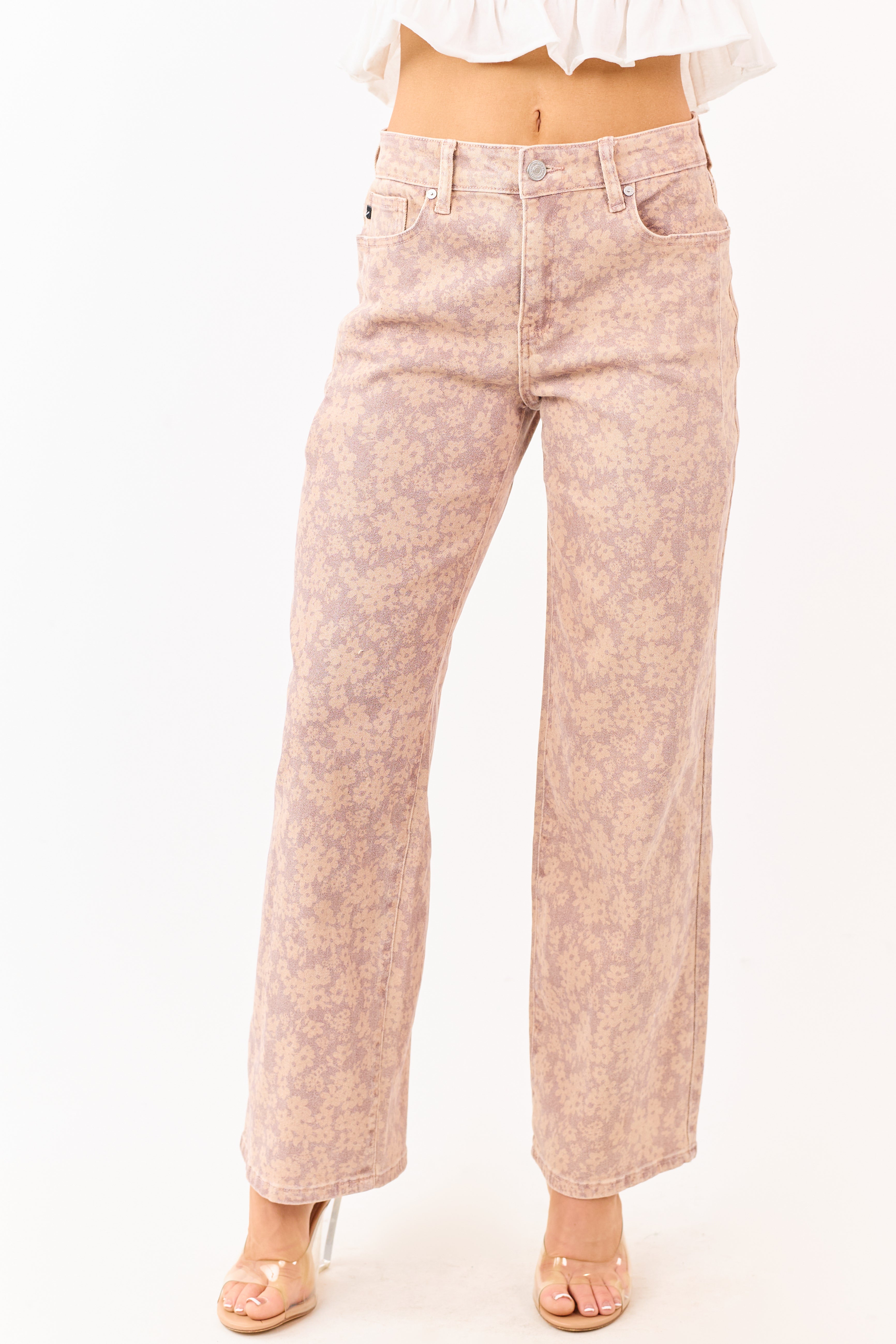 KanCan Mauve Floral Print Wide Leg Stretch Jeans