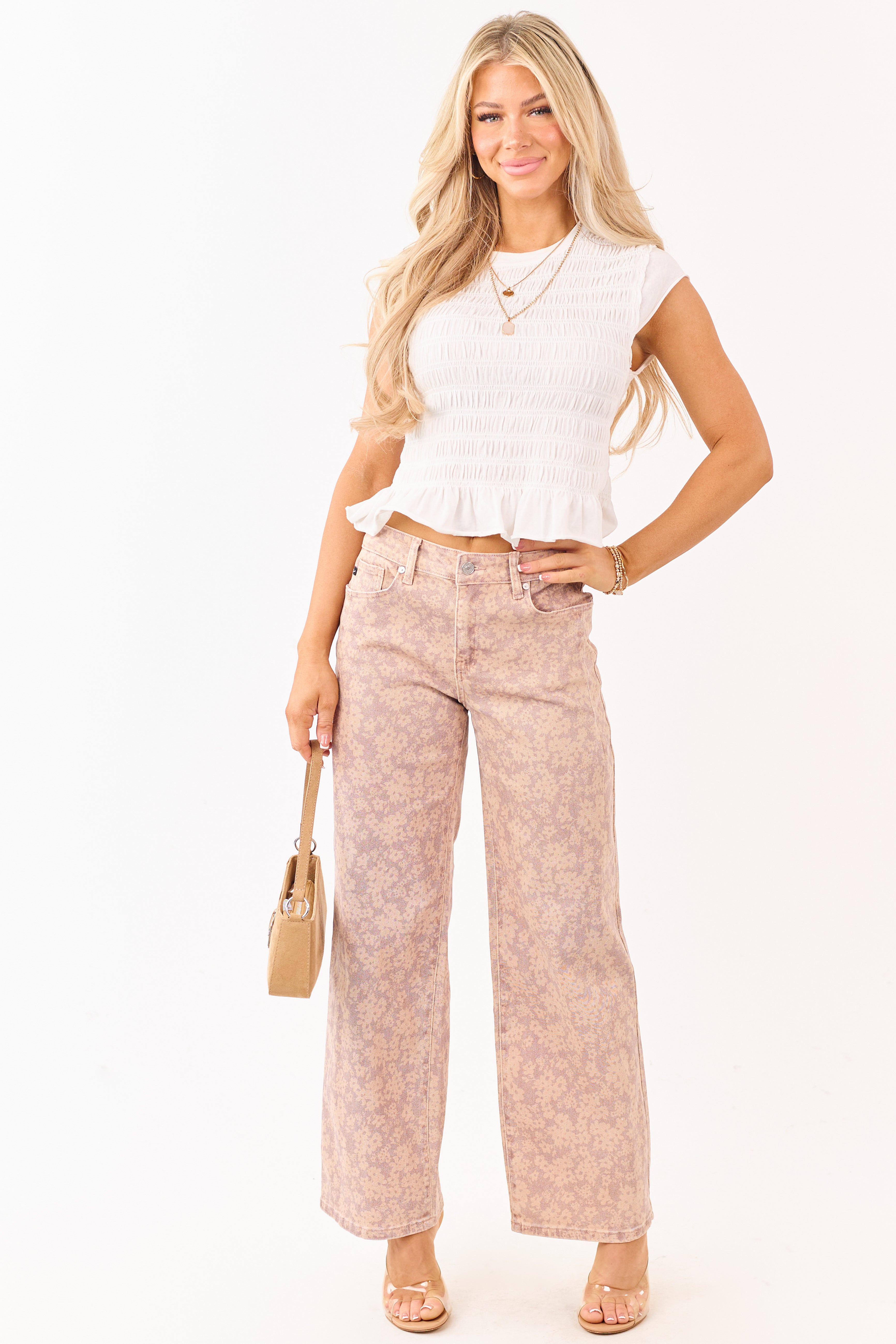 KanCan Mauve Floral Print Wide Leg Stretch Jeans