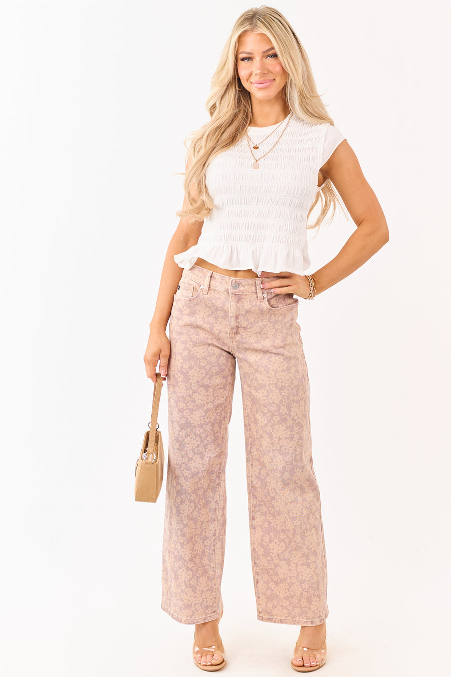 KanCan Mauve Floral Print Wide Leg Stretch Jeans