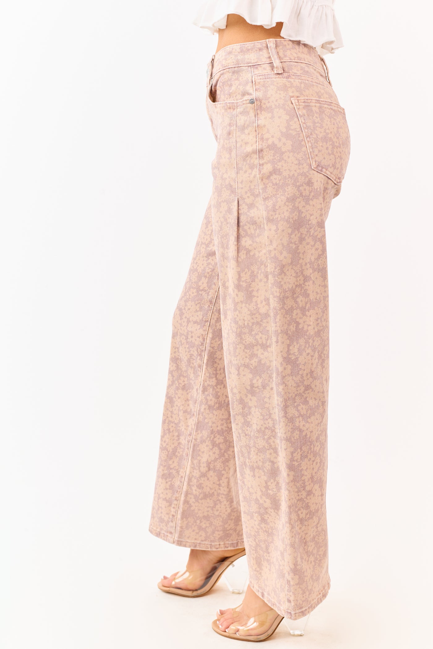 KanCan Mauve Floral Print Wide Leg Stretch Jeans