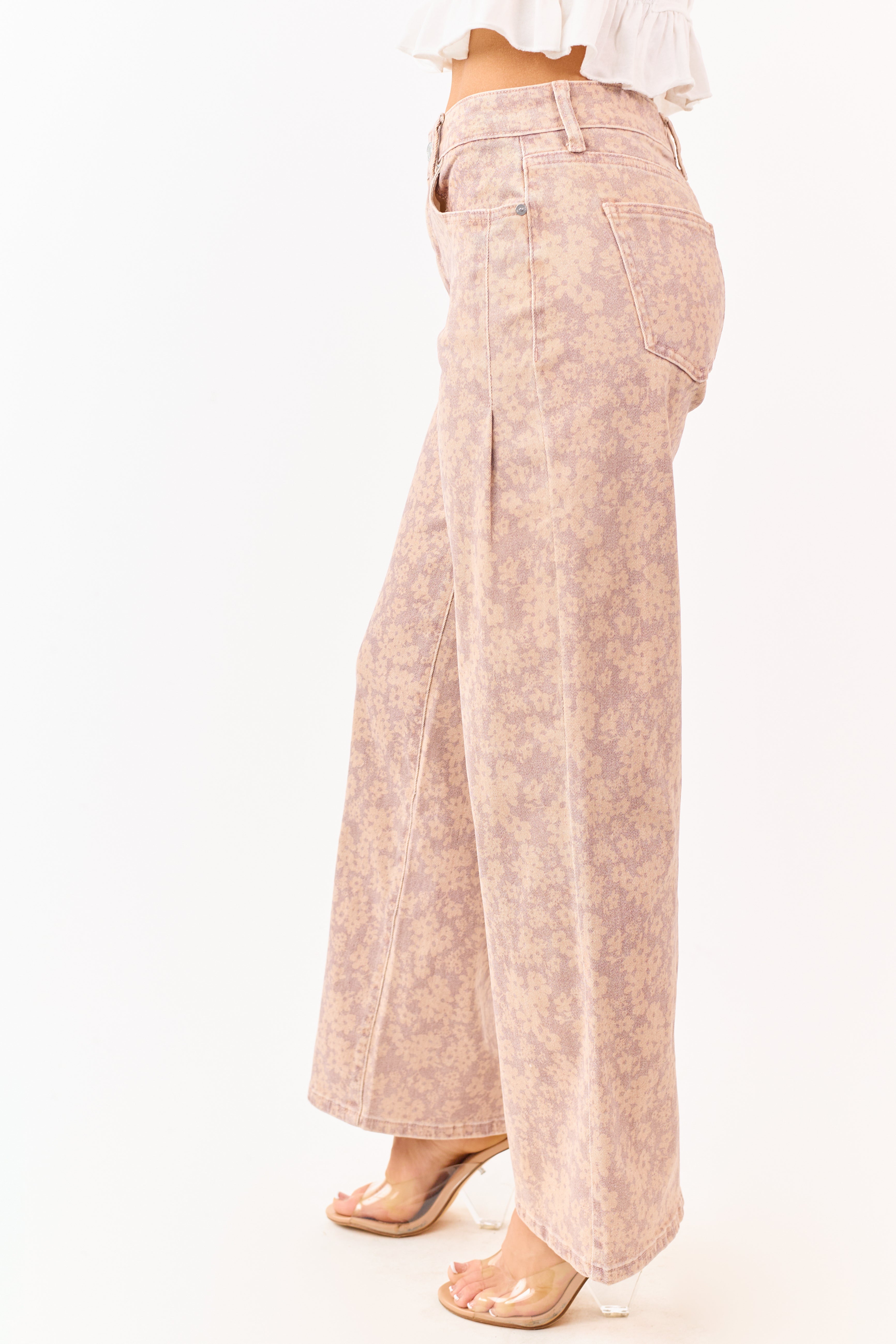 KanCan Mauve Floral Print Wide Leg Stretch Jeans
