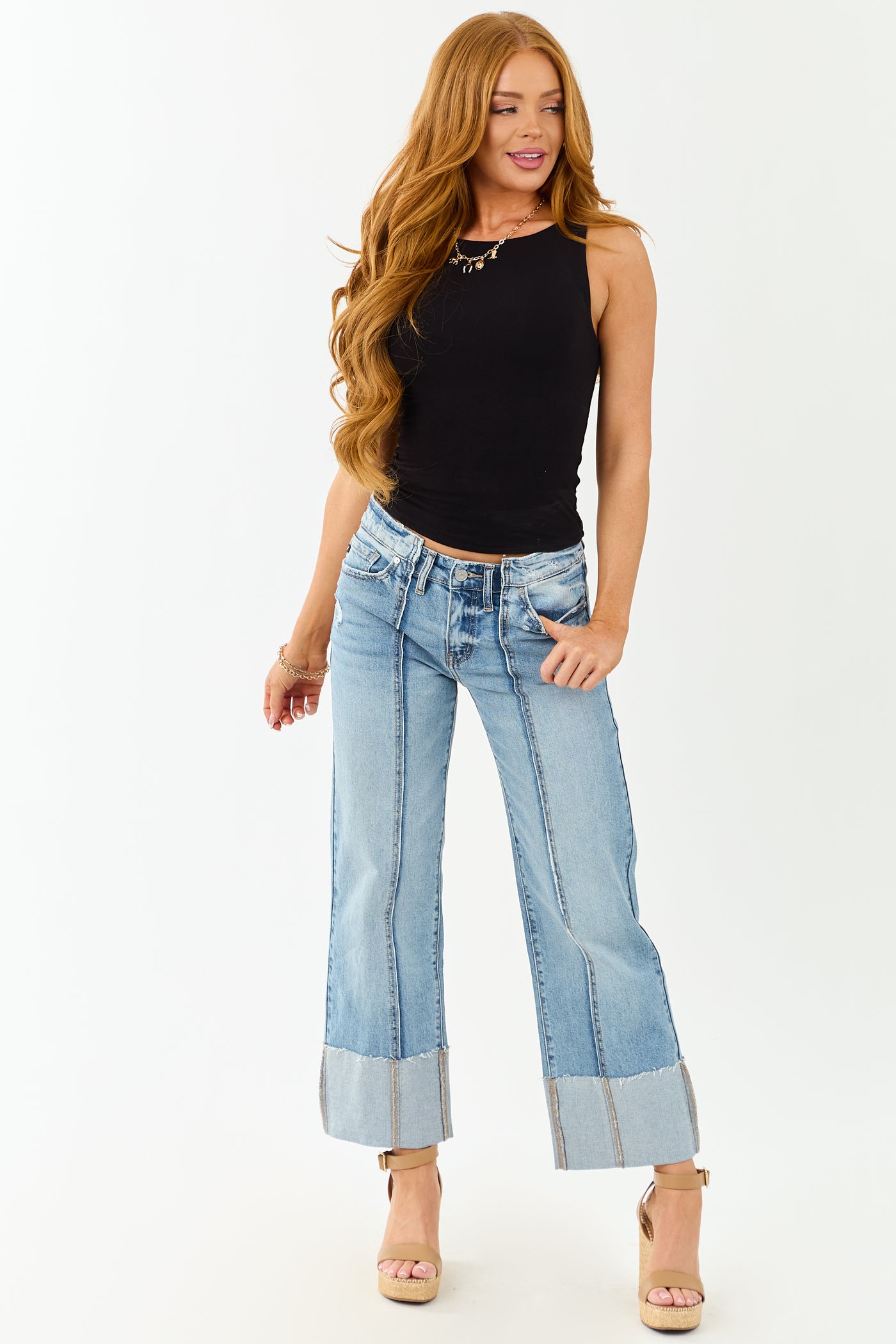 KanCan Medium Cuffed Cropped Stretchy Wide Jeans