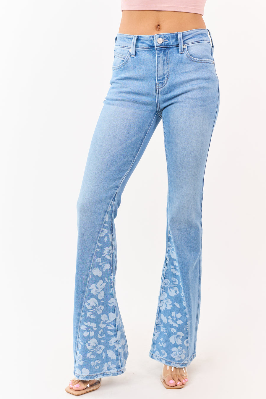 KanCan Medium Floral Panel Stretchy Flare Jeans