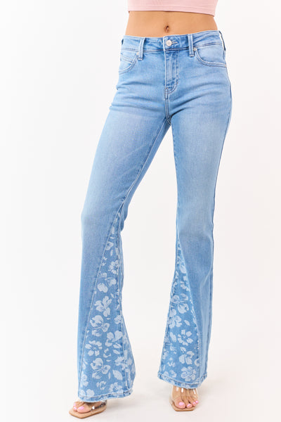 KanCan Medium Floral Panel Stretchy Flare Jeans | Lime Lush Boutique