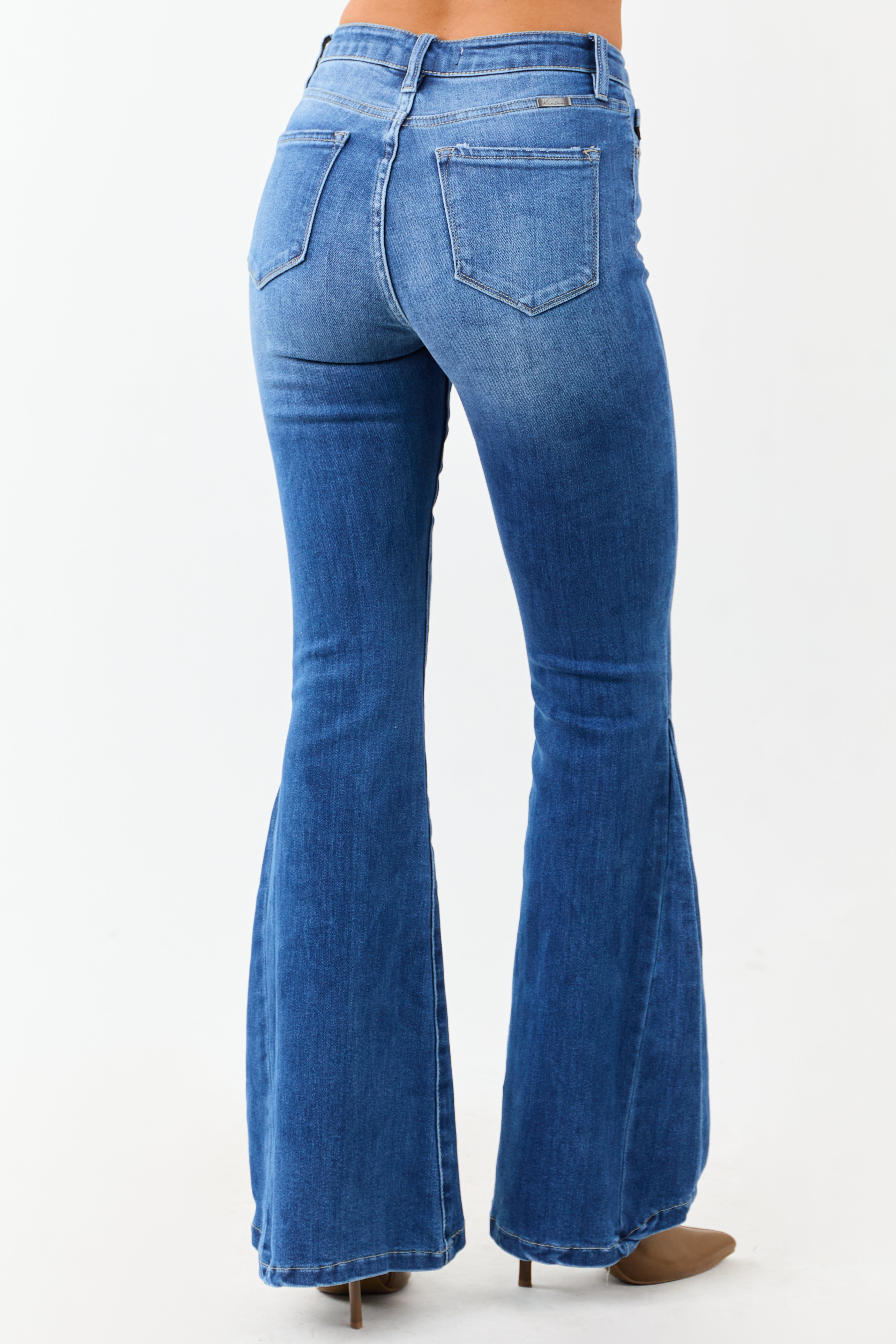 KanCan Medium Wash Angled Hem Flare Leg Jeans | Lime Lush Boutique