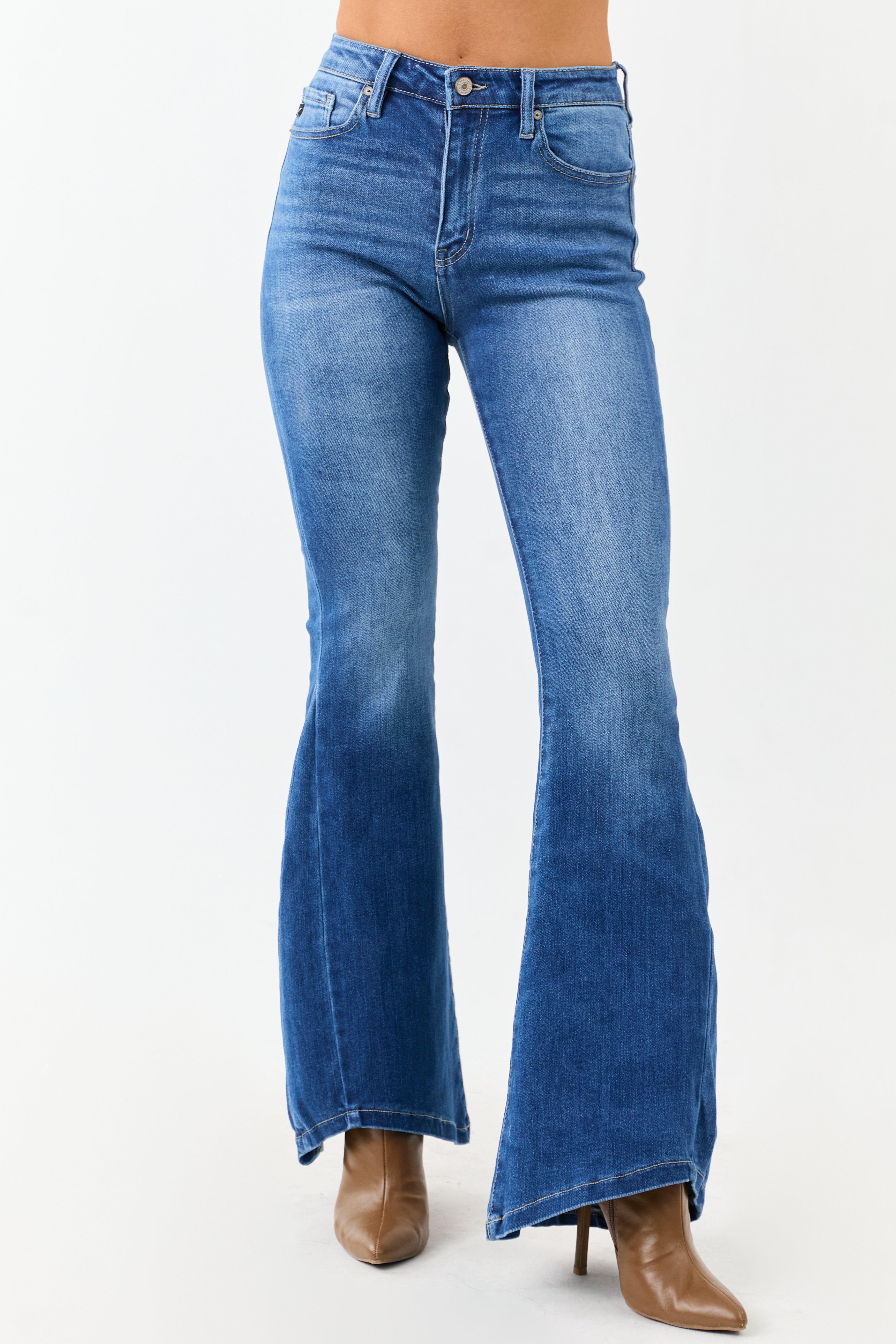 KanCan Medium Wash Angled Hem Flare Leg Jeans