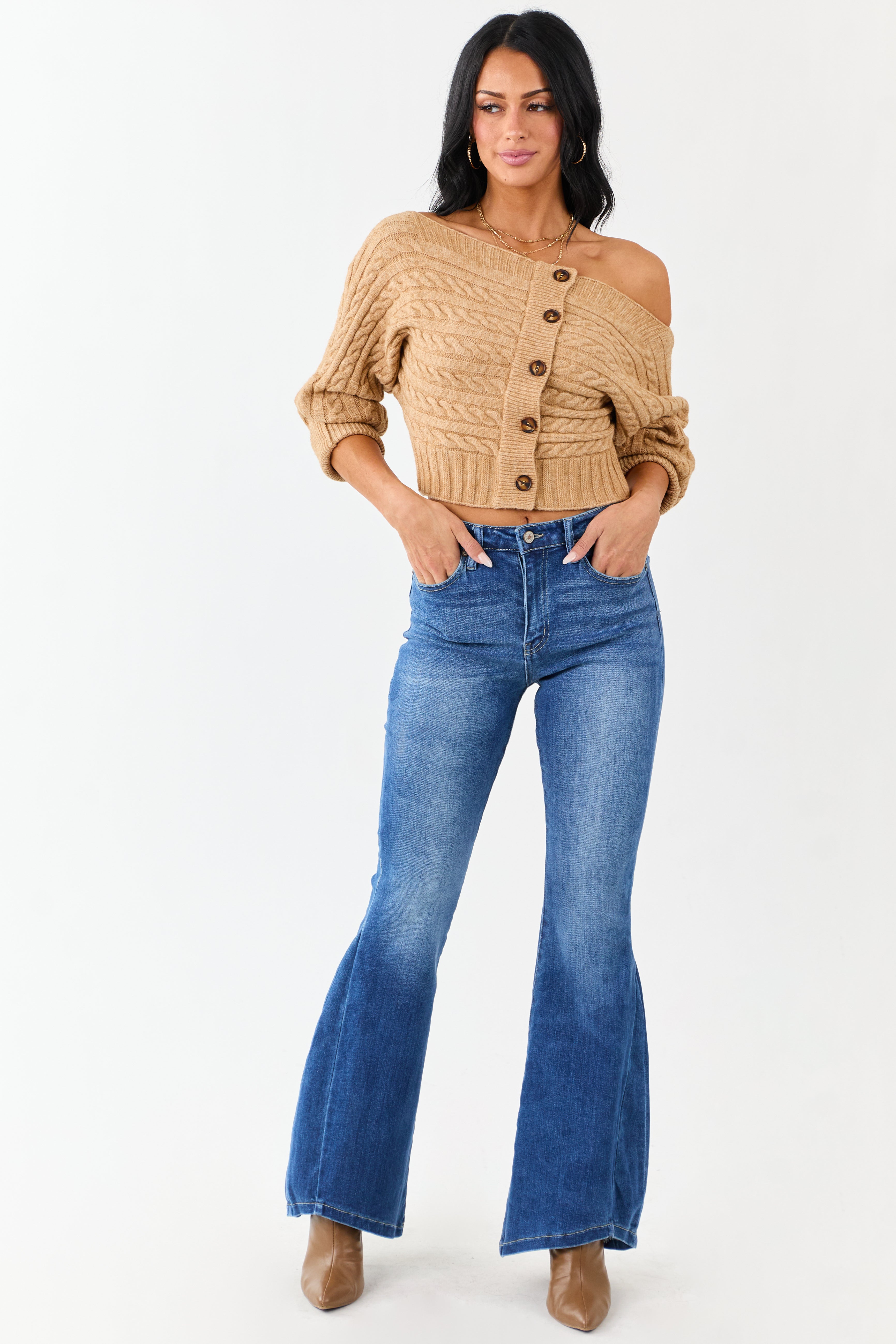 KanCan Medium Wash Angled Hem Flare Leg Jeans | Lime Lush Boutique