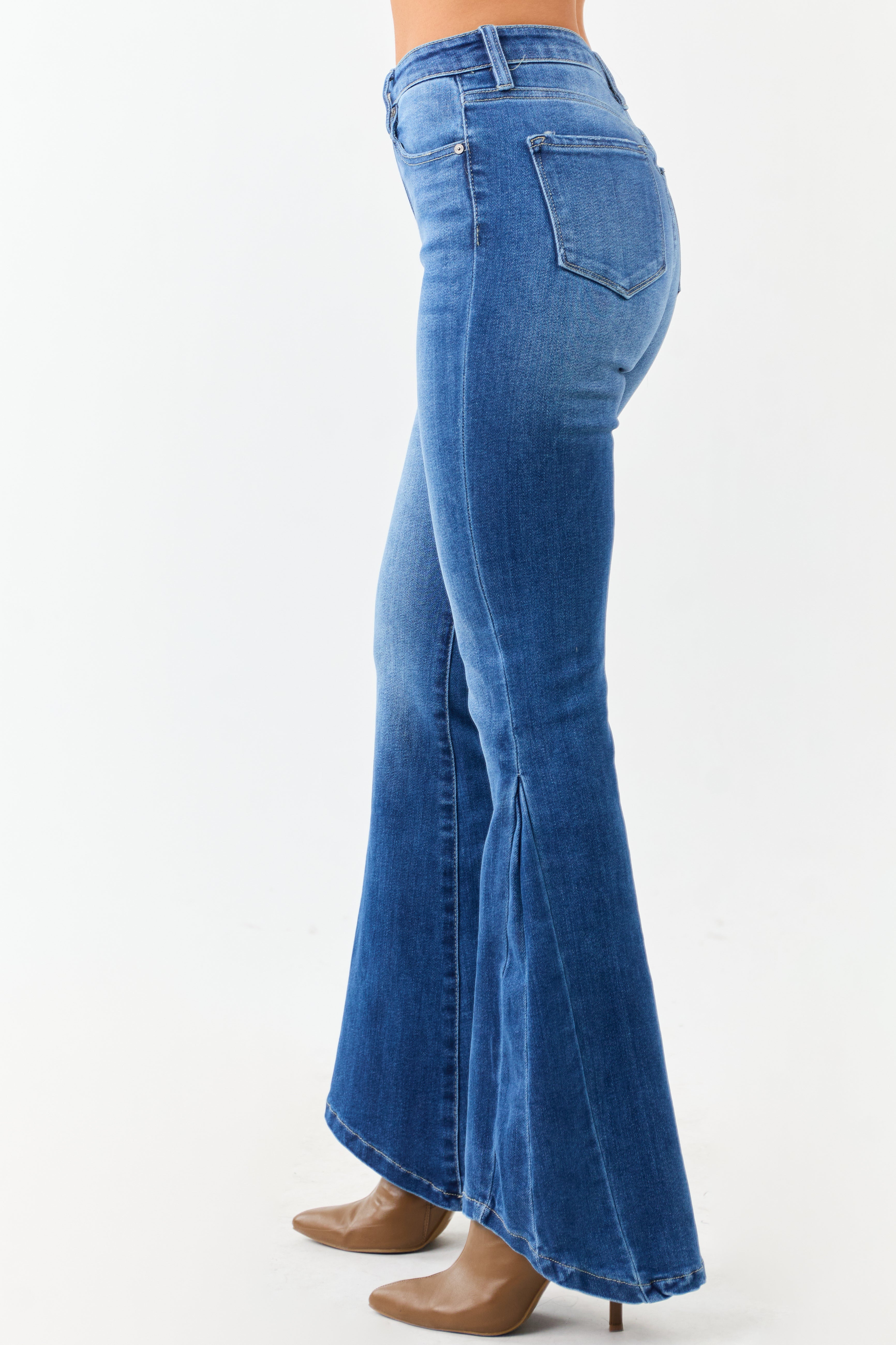 KanCan Medium Wash Angled Hem Flare Leg Jeans | Lime Lush Boutique