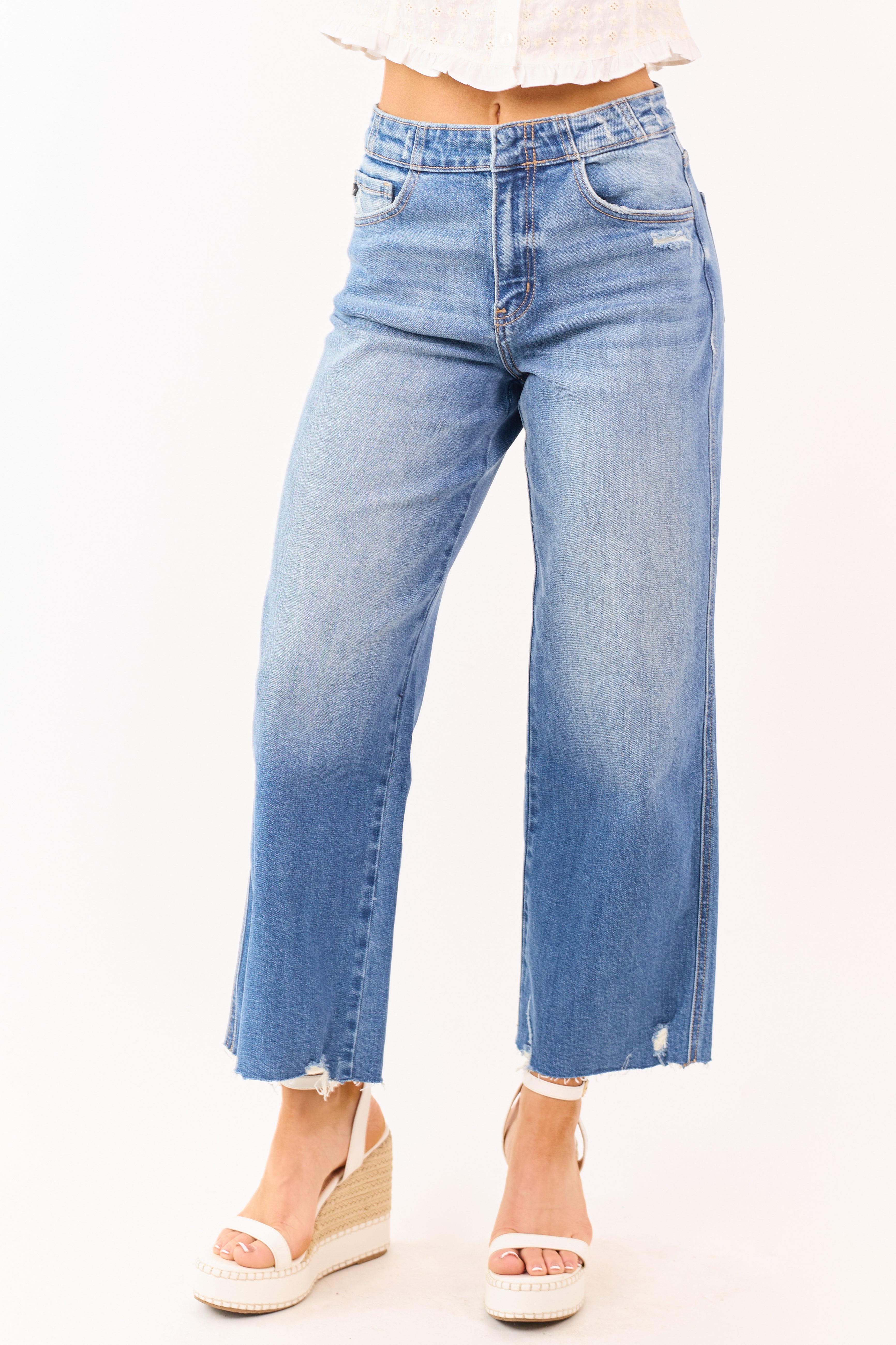 KanCan Medium Wash Cropped Wide Leg Stretchy Jeans | Lime Lush