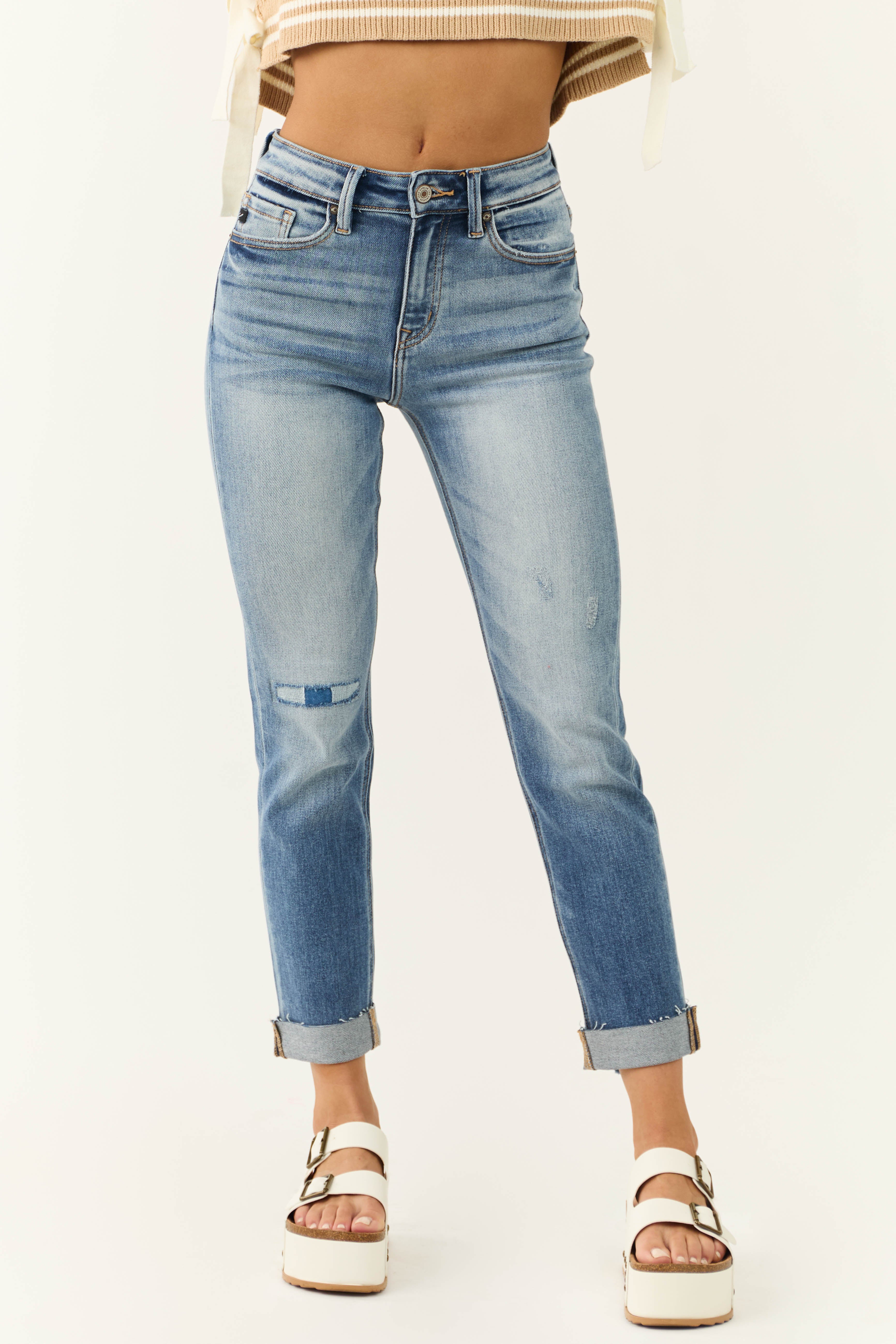 KanCan Medium Wash Cuffed Slim Straight Jeans | Lime Lush Boutique