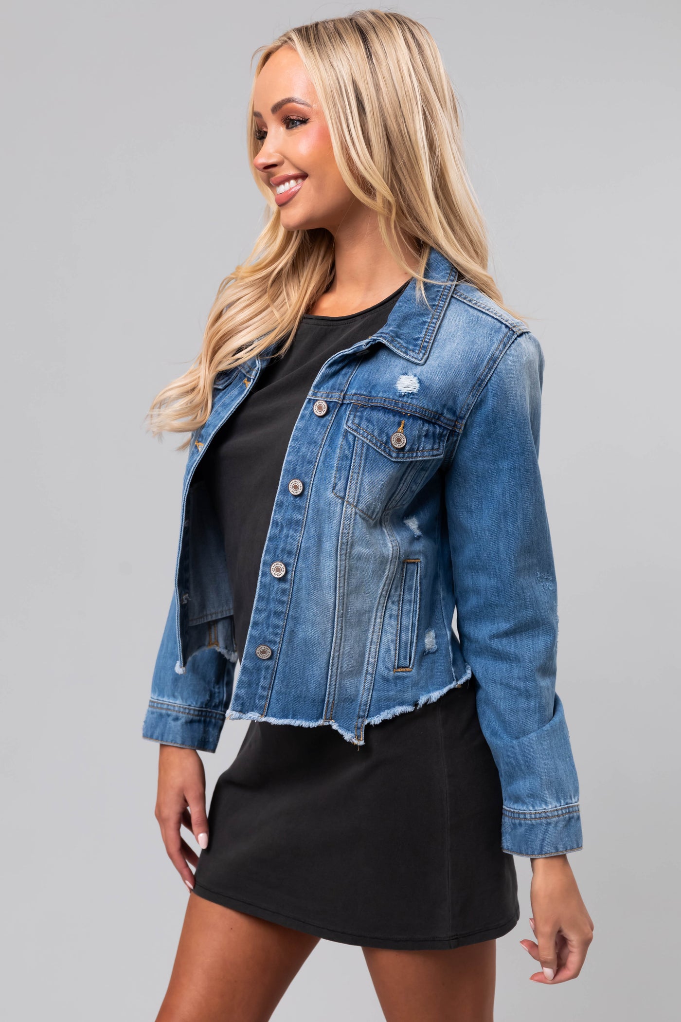 KanCan Medium Wash Denim Distressed Jacket