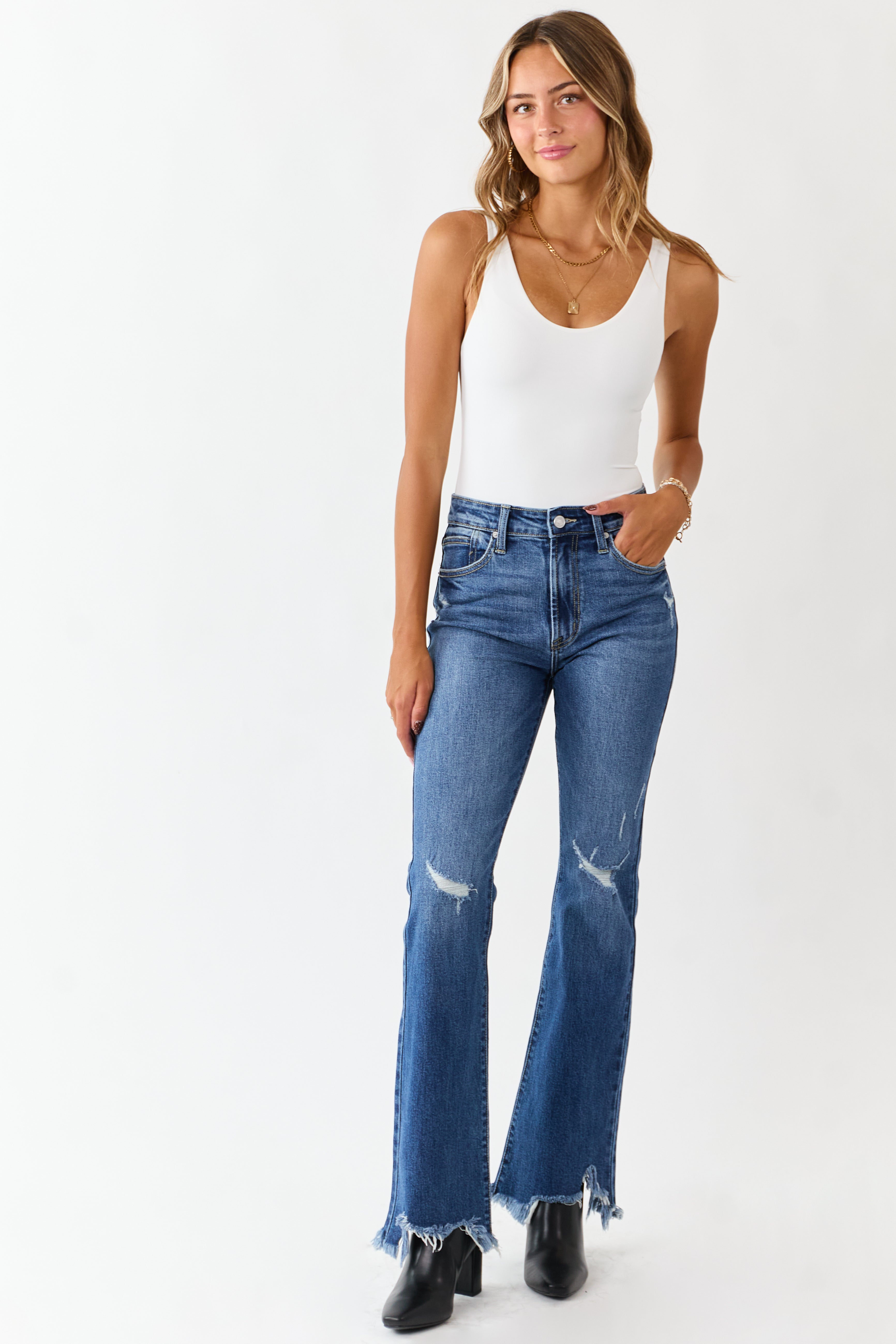 KanCan Medium Wash Distressed High Rise Flare Jeans | Lime Lush