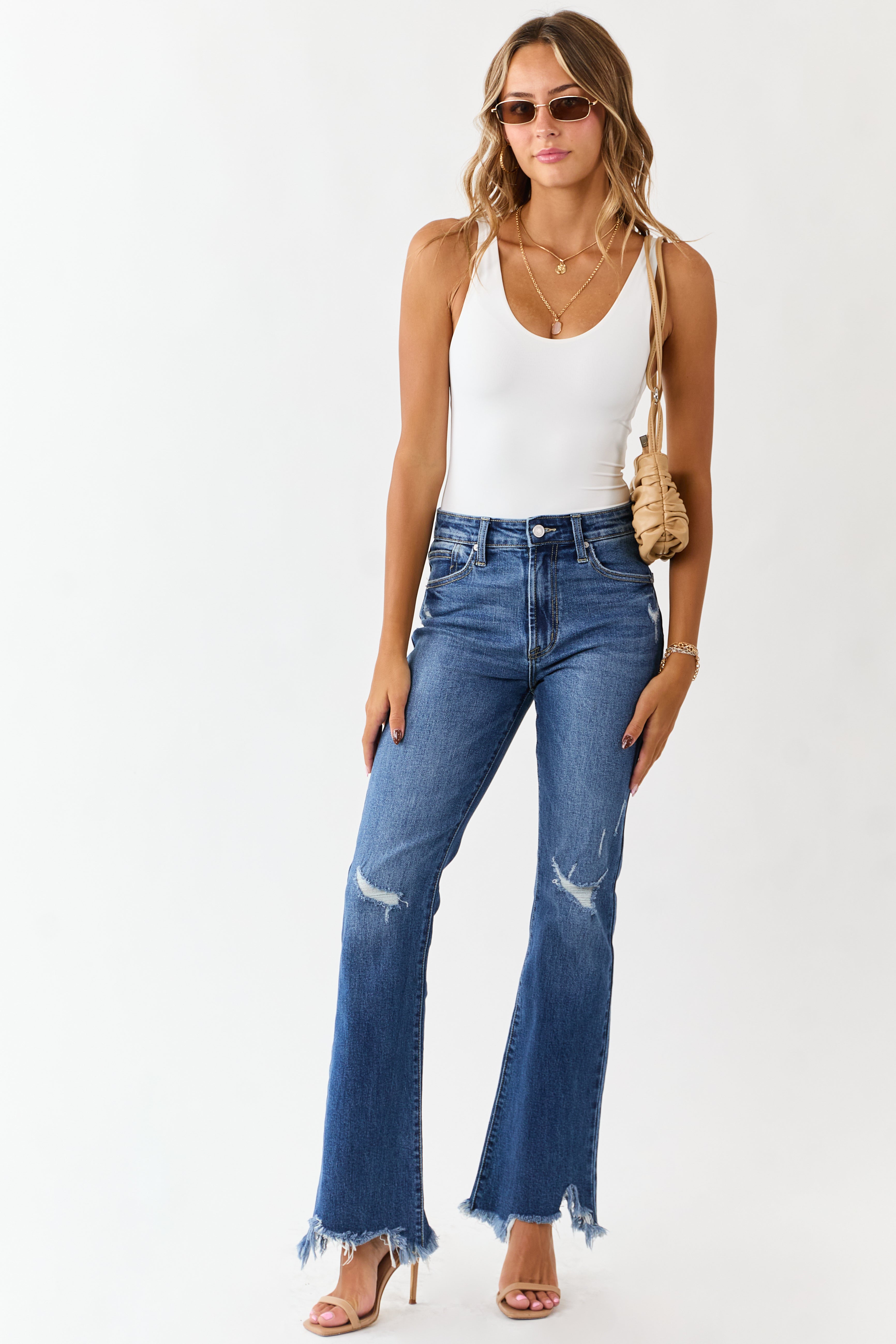 KanCan Medium Wash Distressed High Rise Flare Jeans | Lime Lush