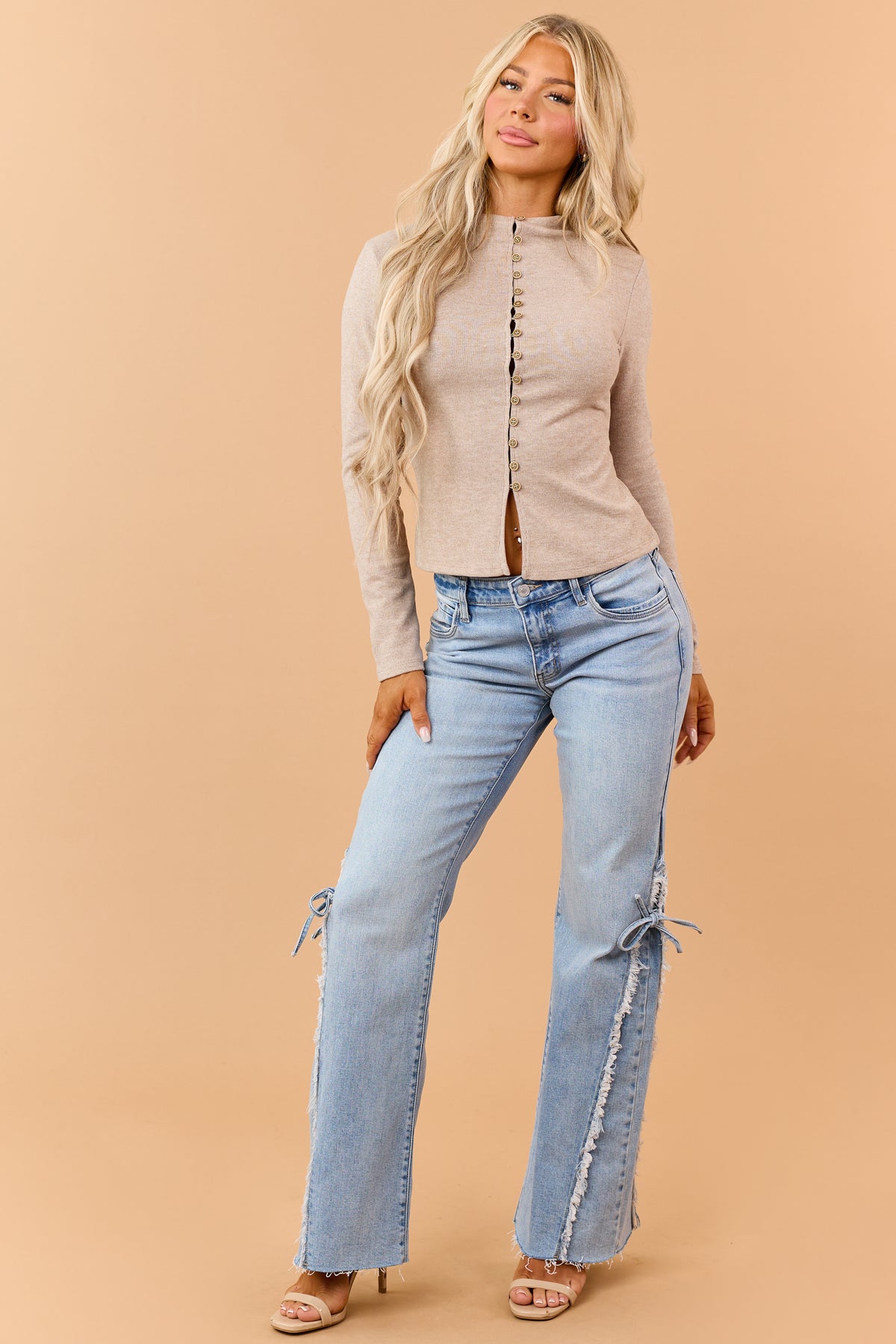 KanCan Medium Wash Frayed Side Tie Wide Flare Jeans